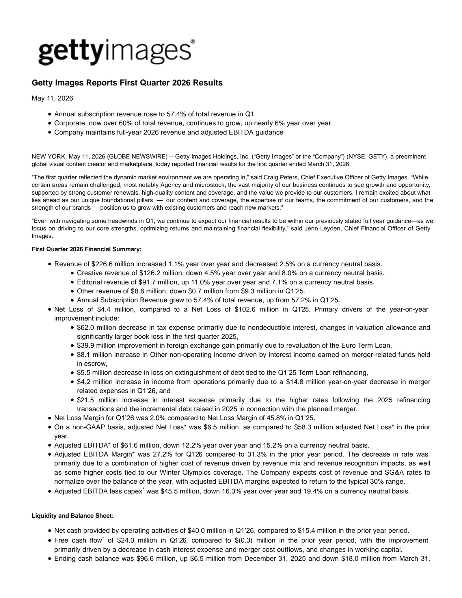 Getty Images' Q1 2026 Press Release