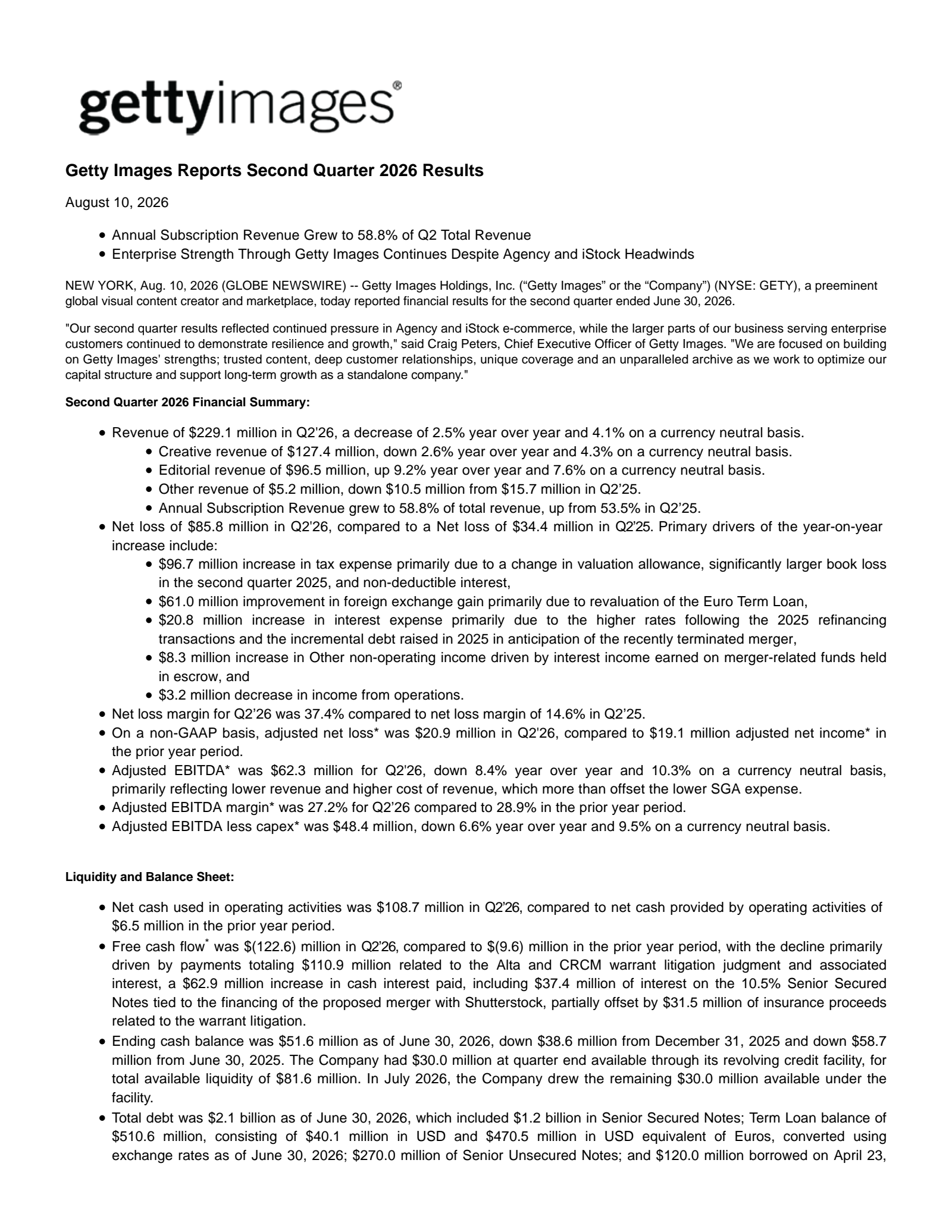 Getty Images' Q2 2026 Press Release