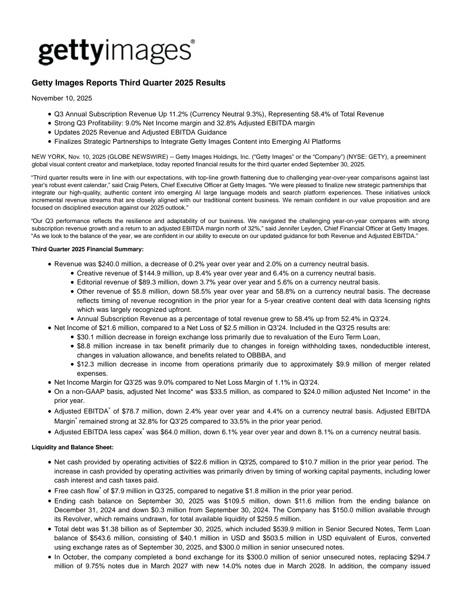 Getty Images' Q3 2025 Earnings Release