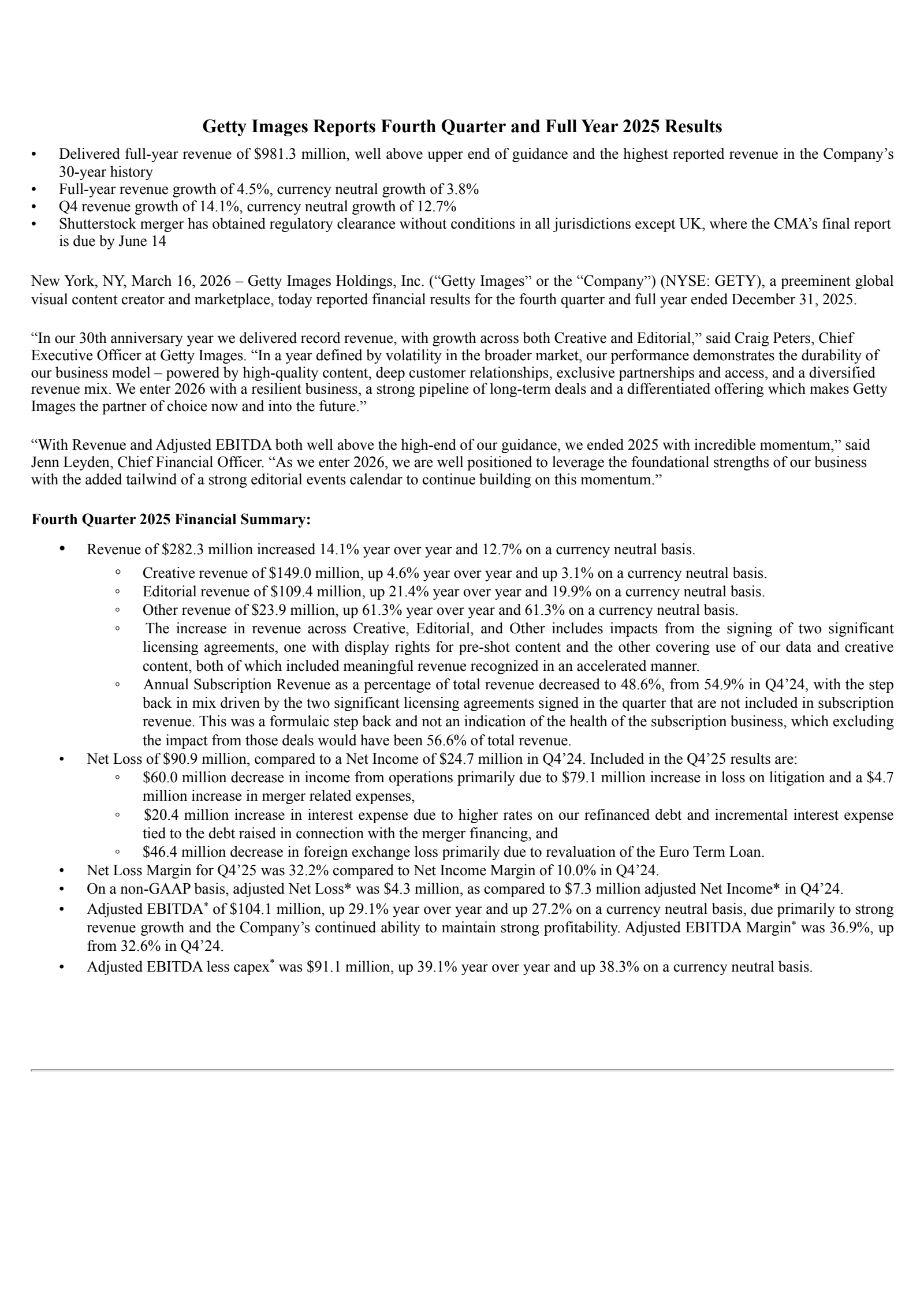 Getty Images' Q4 2025 Press Release