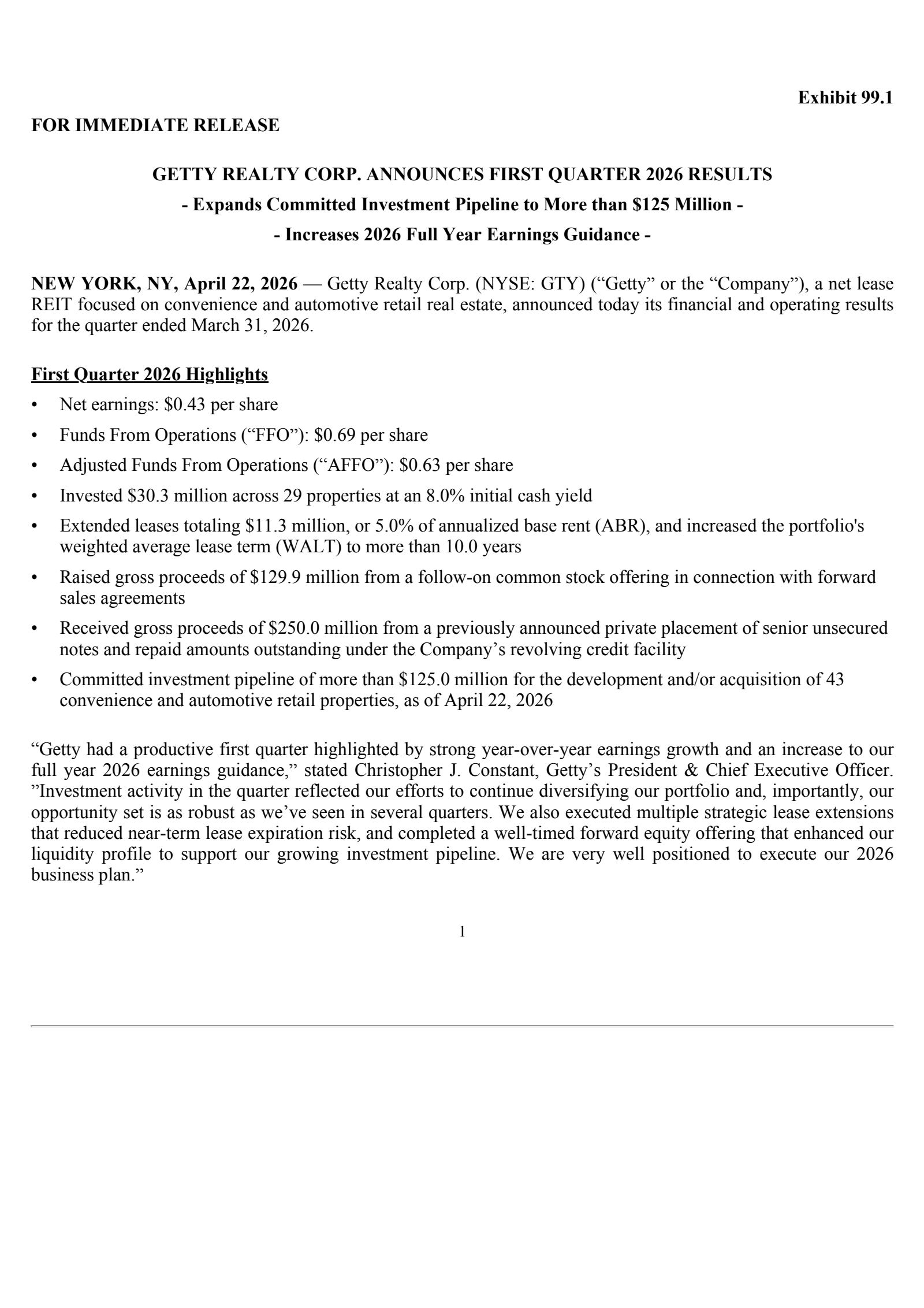 Getty Realty's Q1 2026 Press Release