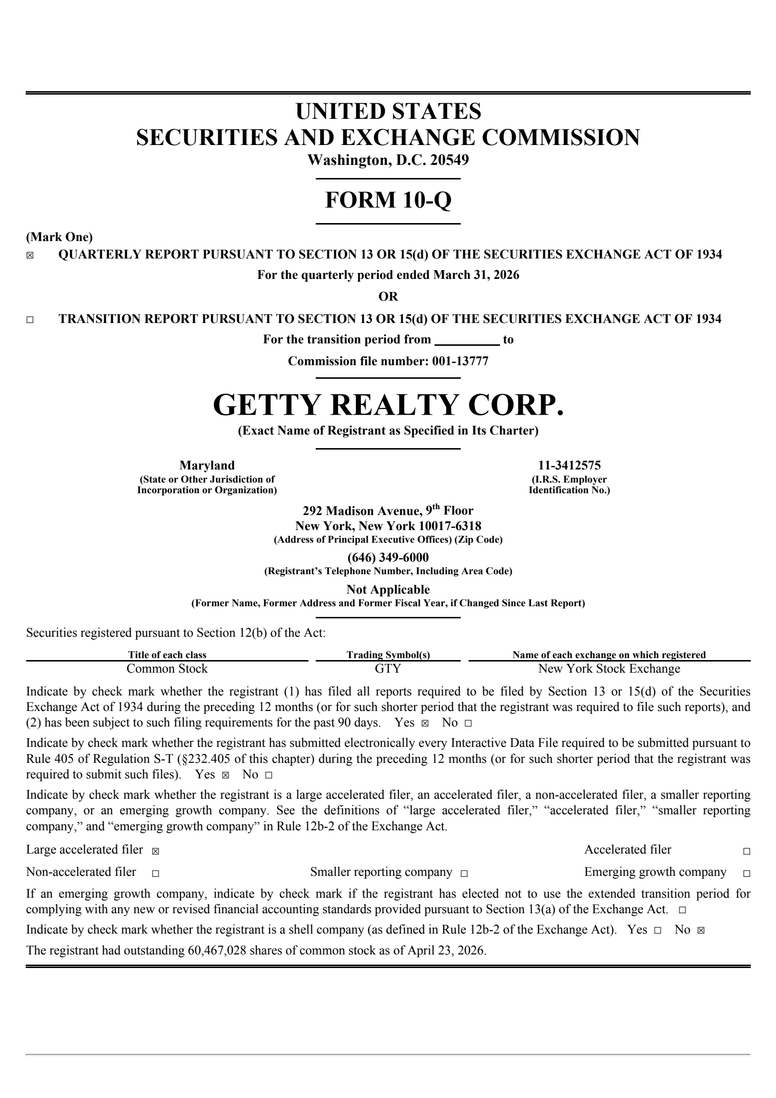 Getty Realty's Q1 2026 Quarterly report