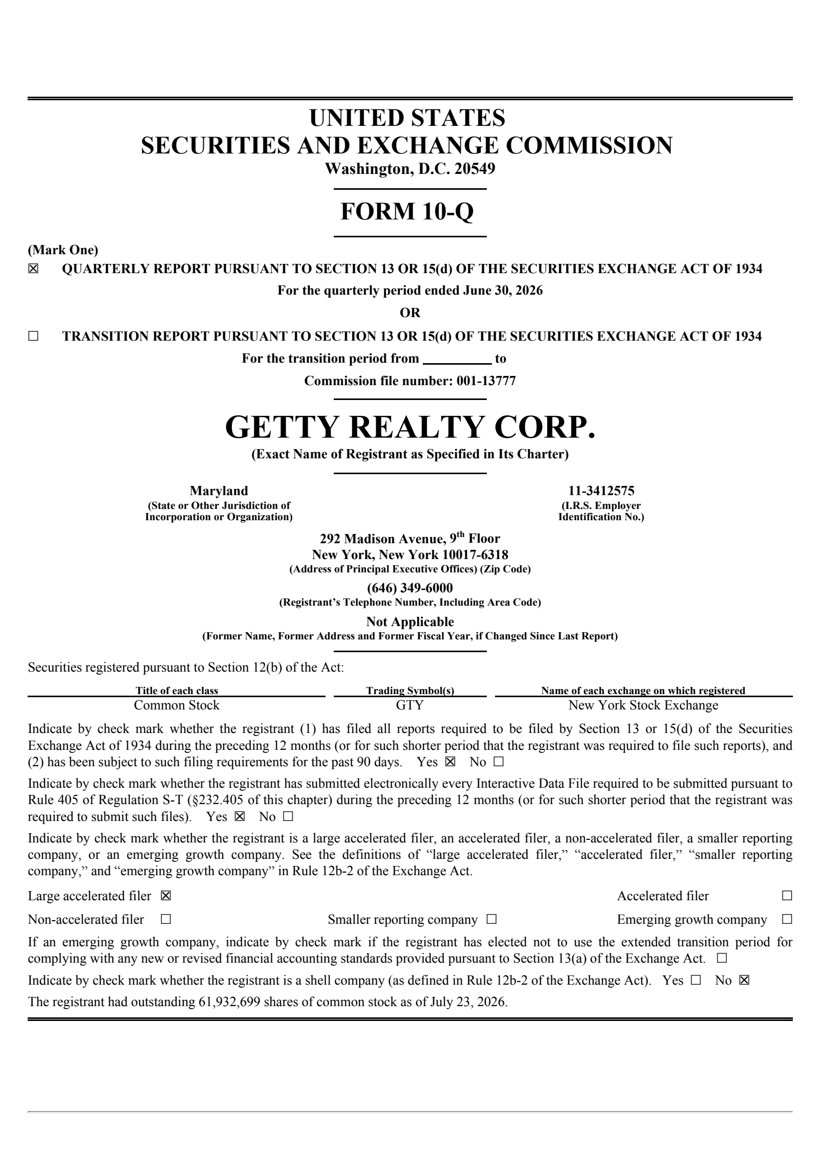 Getty Realty's Q2 2026 Quarterly report