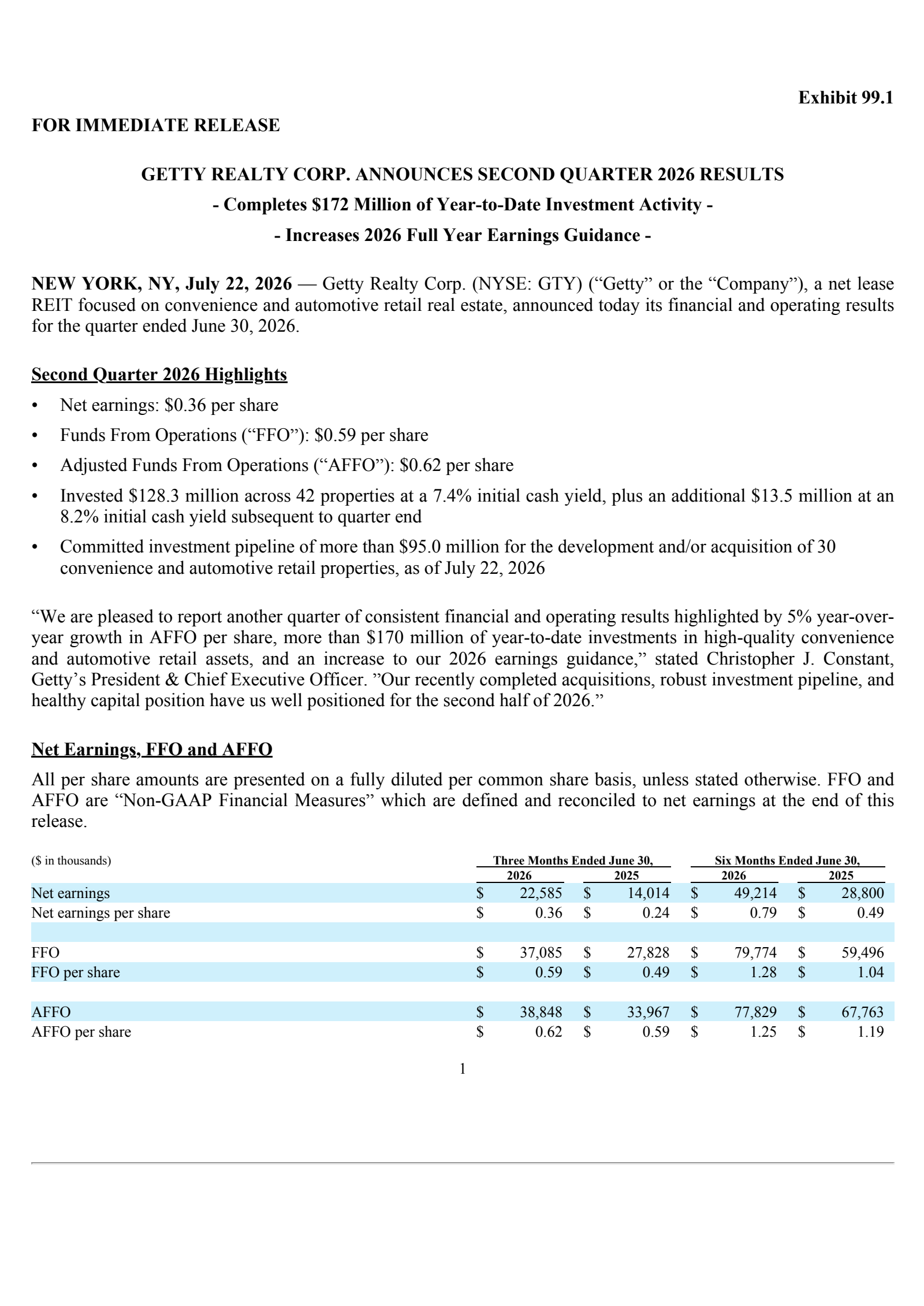 Getty Realty's Q2 2026 Press Release