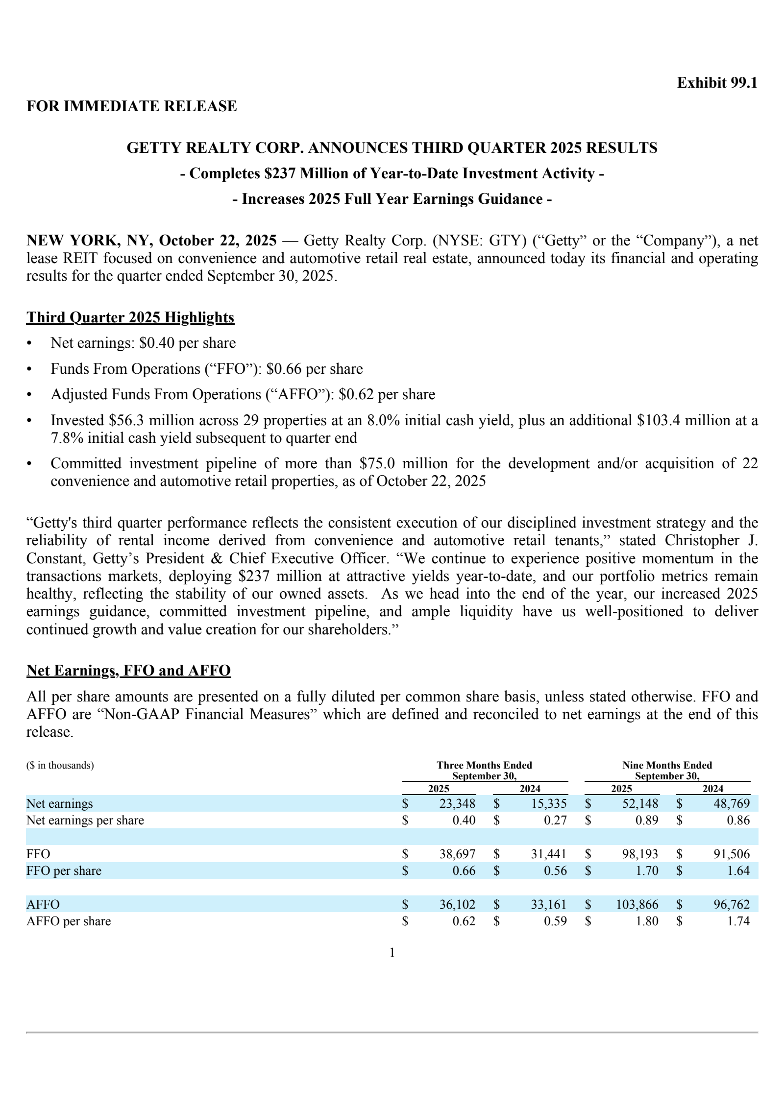 Getty Realty's Q3 2025 Earnings Release