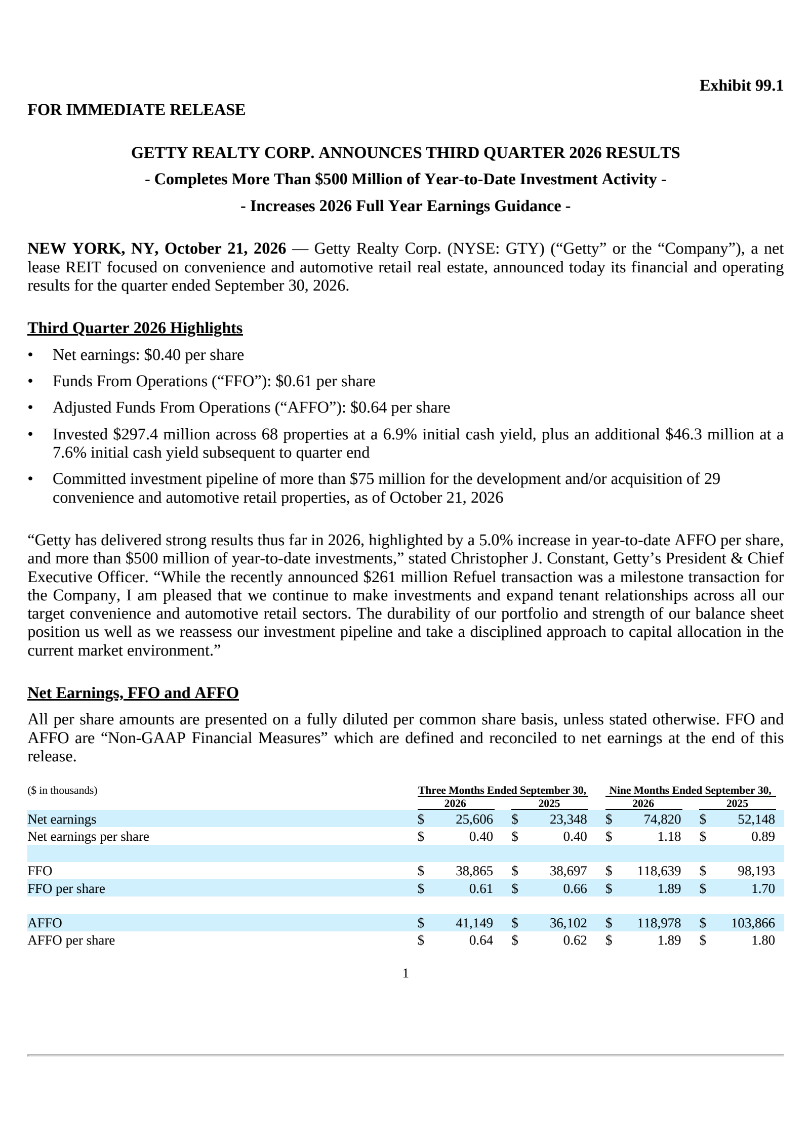 Getty Realty's Q3 2026 Press Release