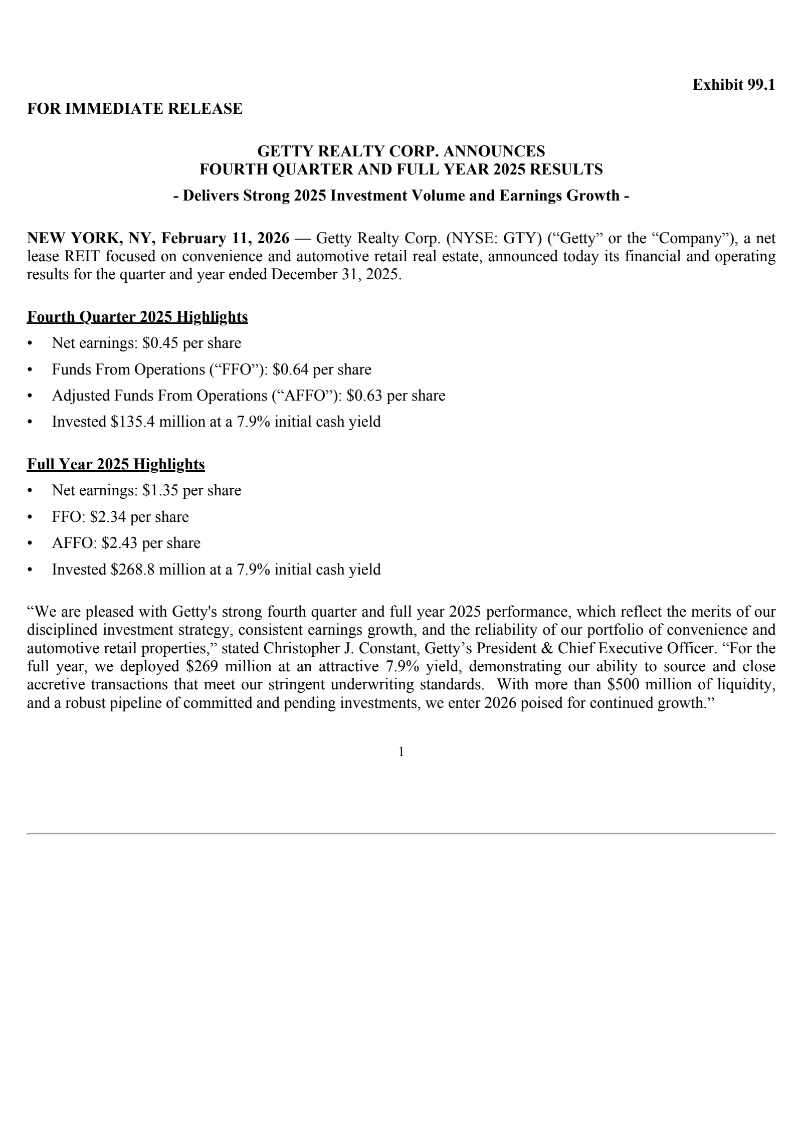 Getty Realty's Q4 2025 Press Release
