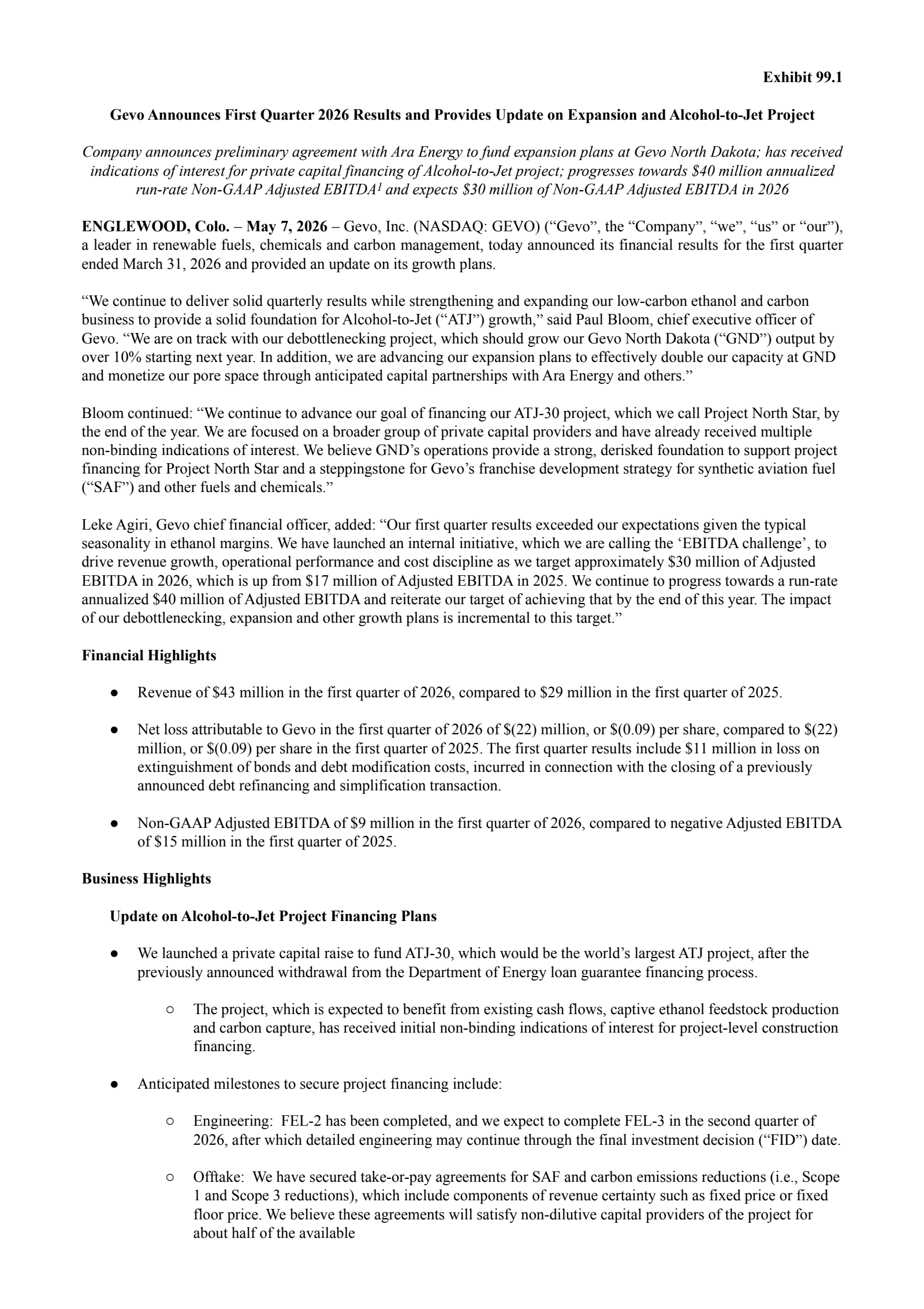 Gevo's Q1 2026 Press Release