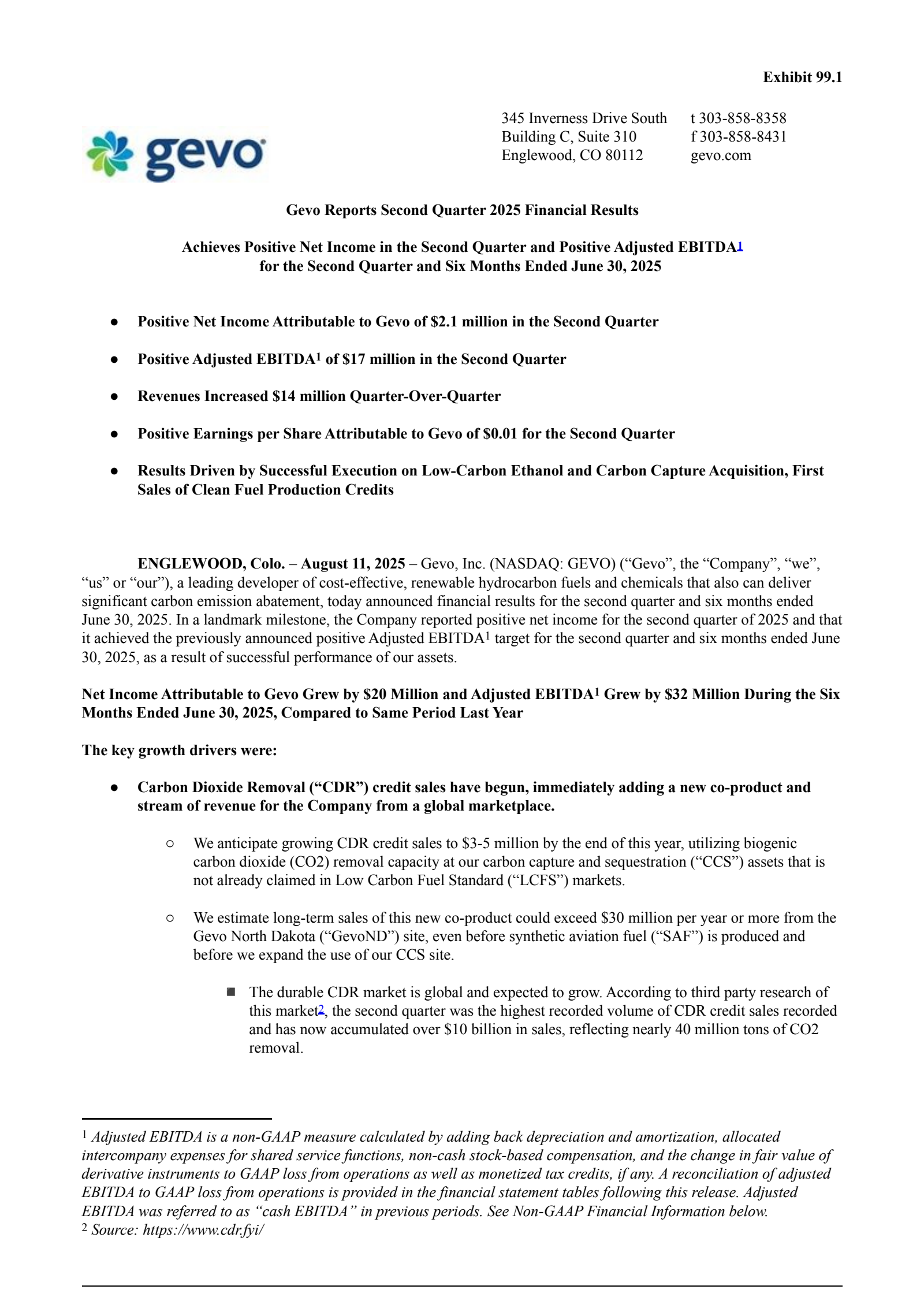 Gevo's Q2 2025 Press Release