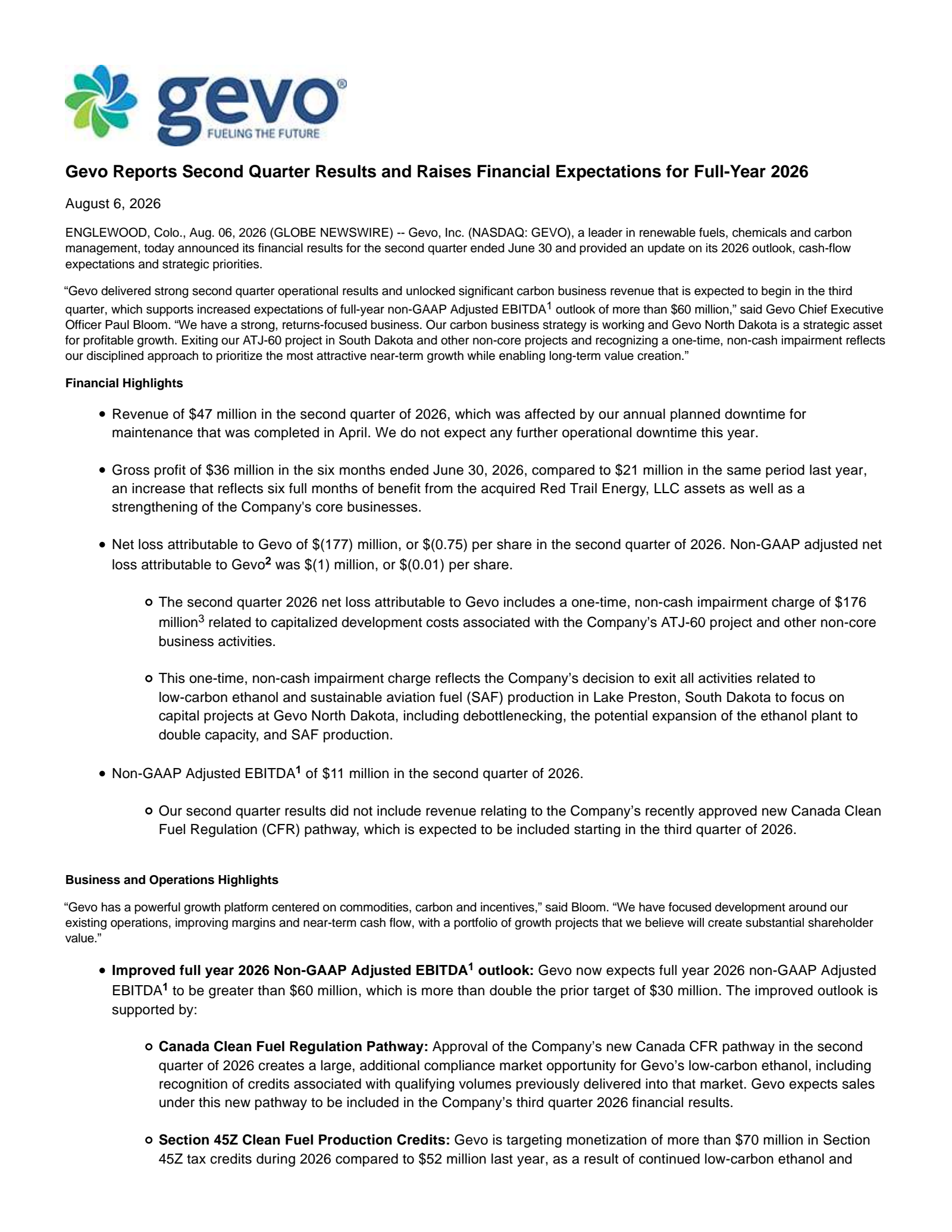 Gevo's Q2 2026 Press Release