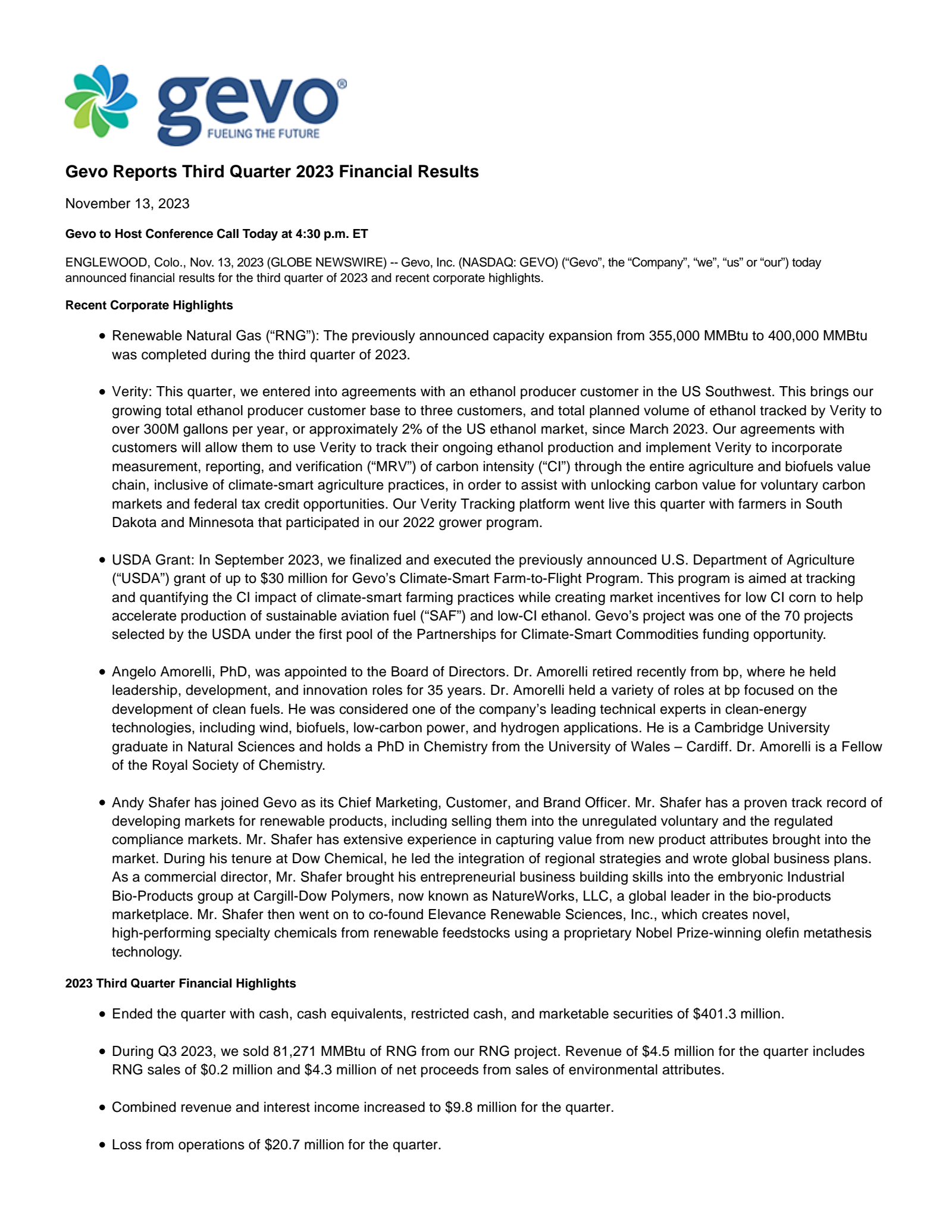 Gevo's Q3 2023 Press Release