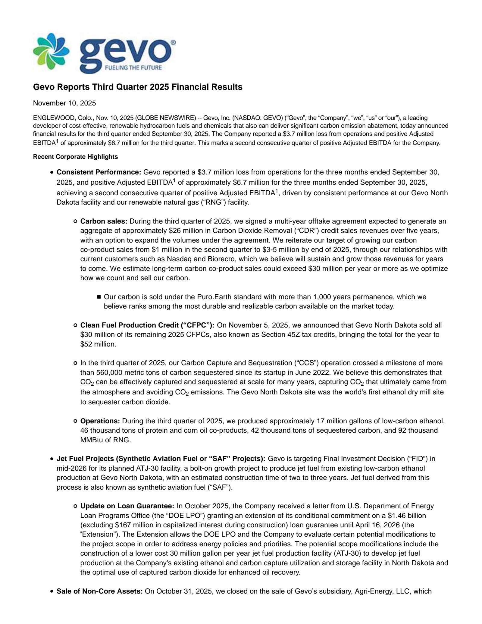 Gevo's Q3 2025 Earnings Release