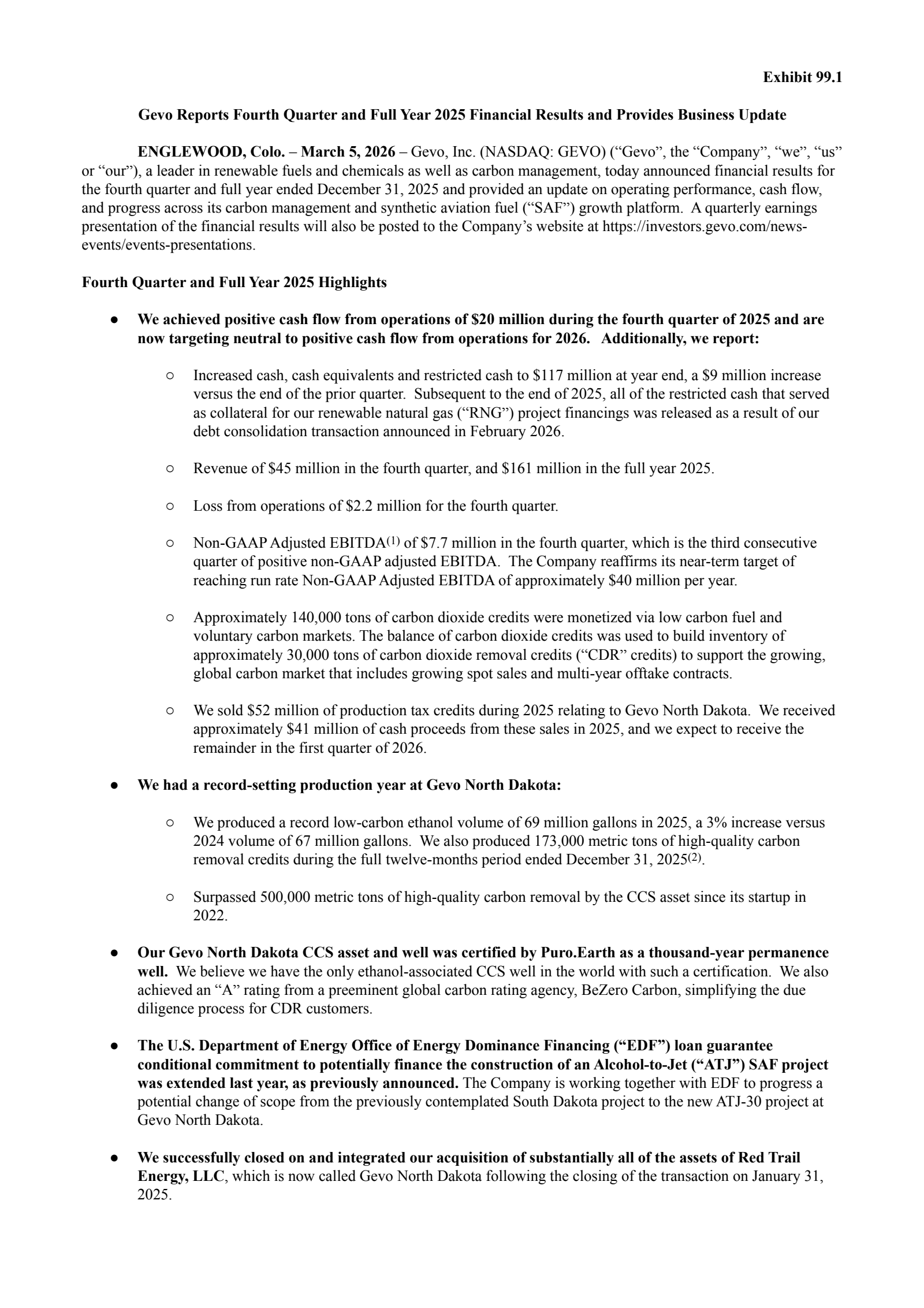Gevo's Q4 2025 Press Release