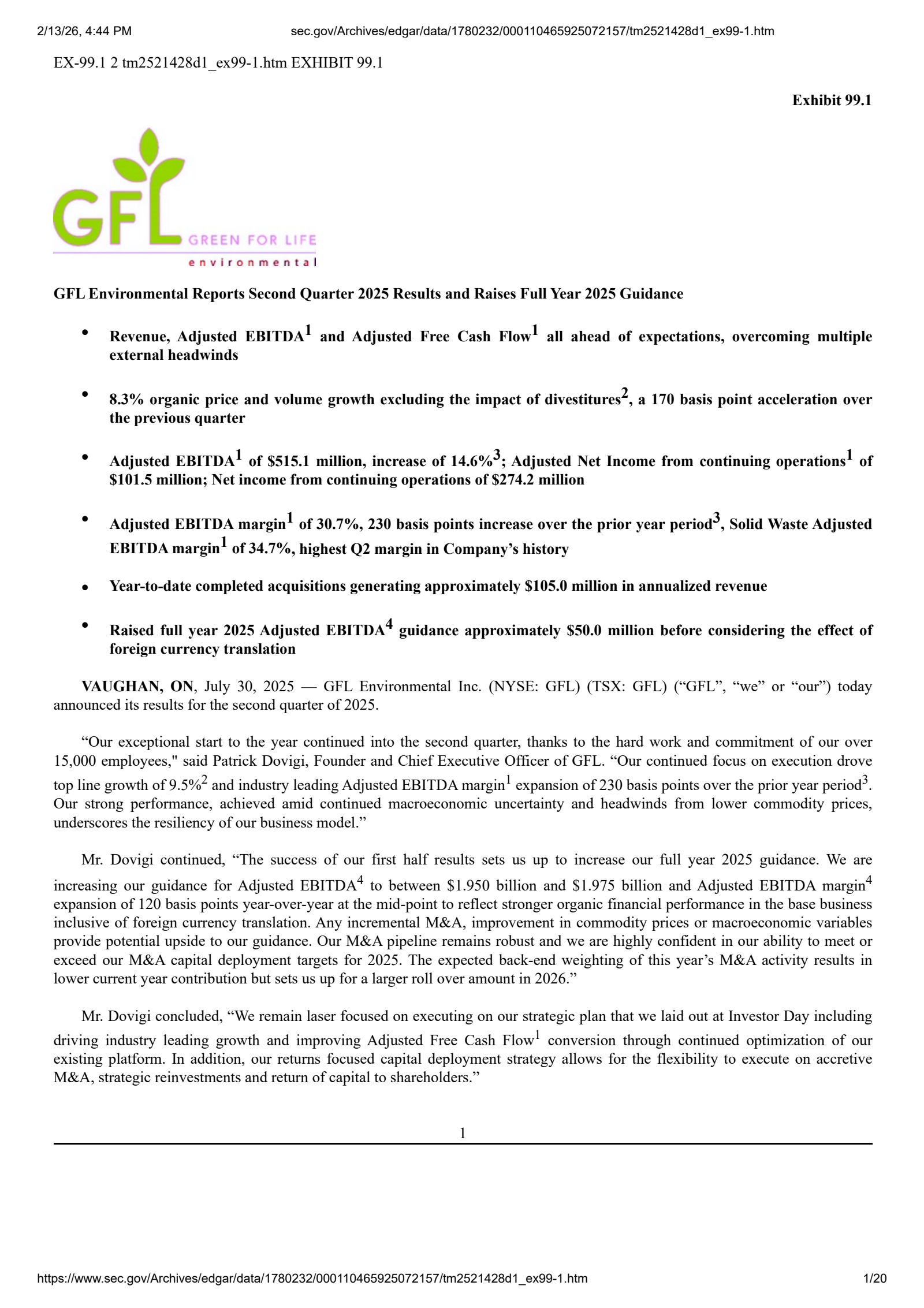 GFL Environmental's Q2 2025 Press Release