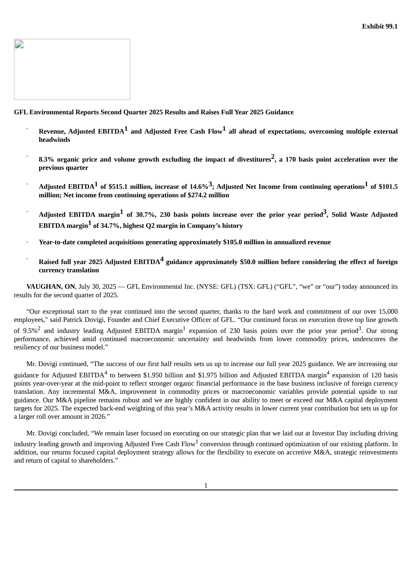 GFL Environmental's Q2 2025 Press Release