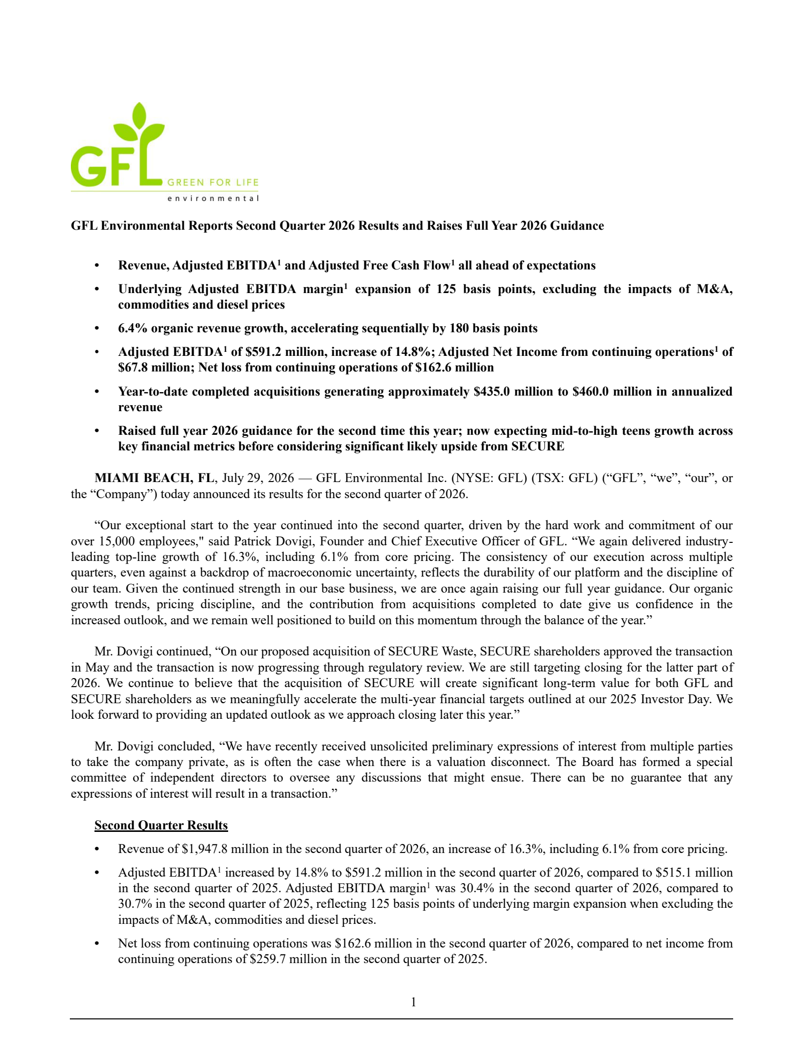 GFL Environmental's Q2 2026 Press Release