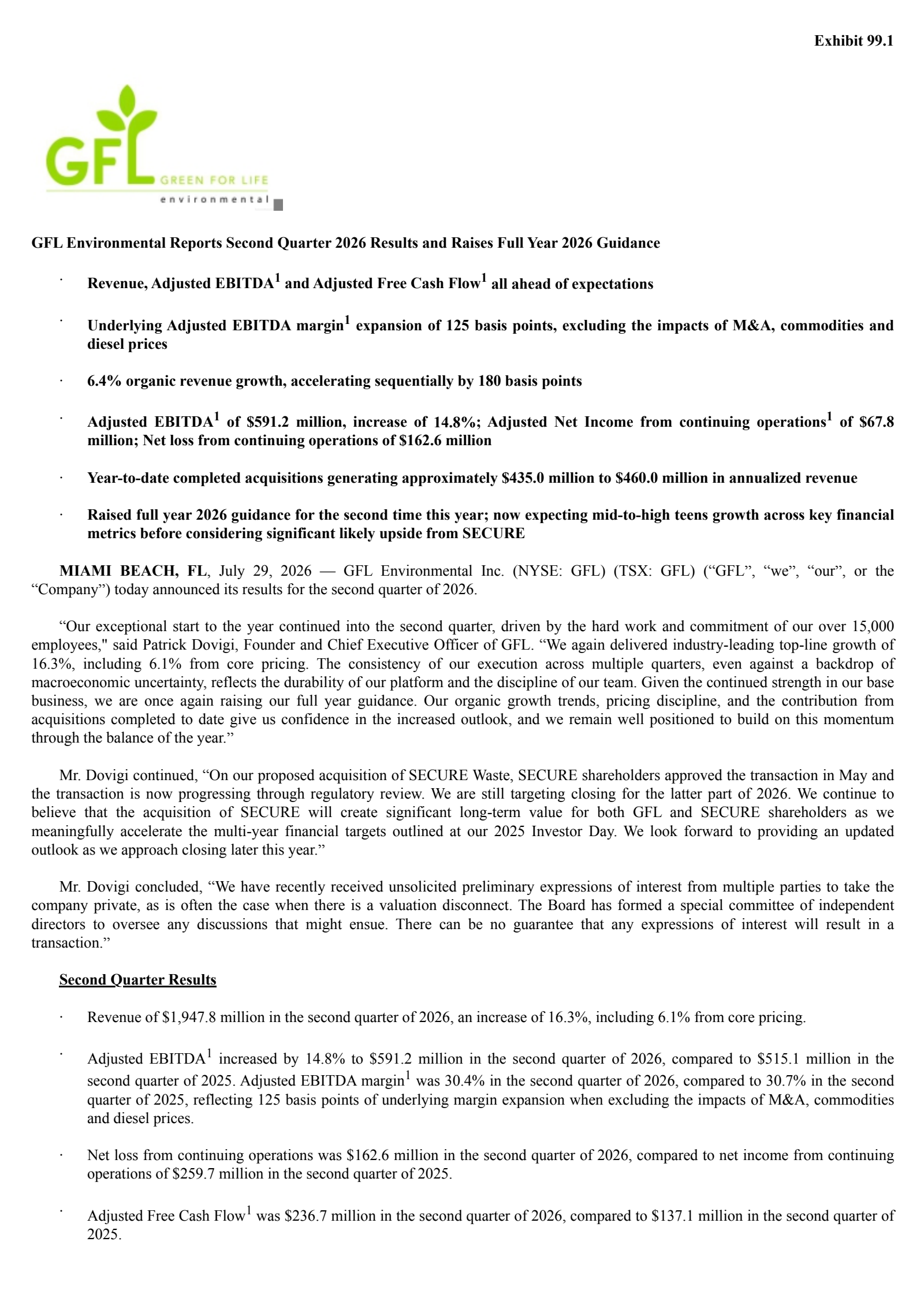 GFL Environmental's Q2 2026 Press Release