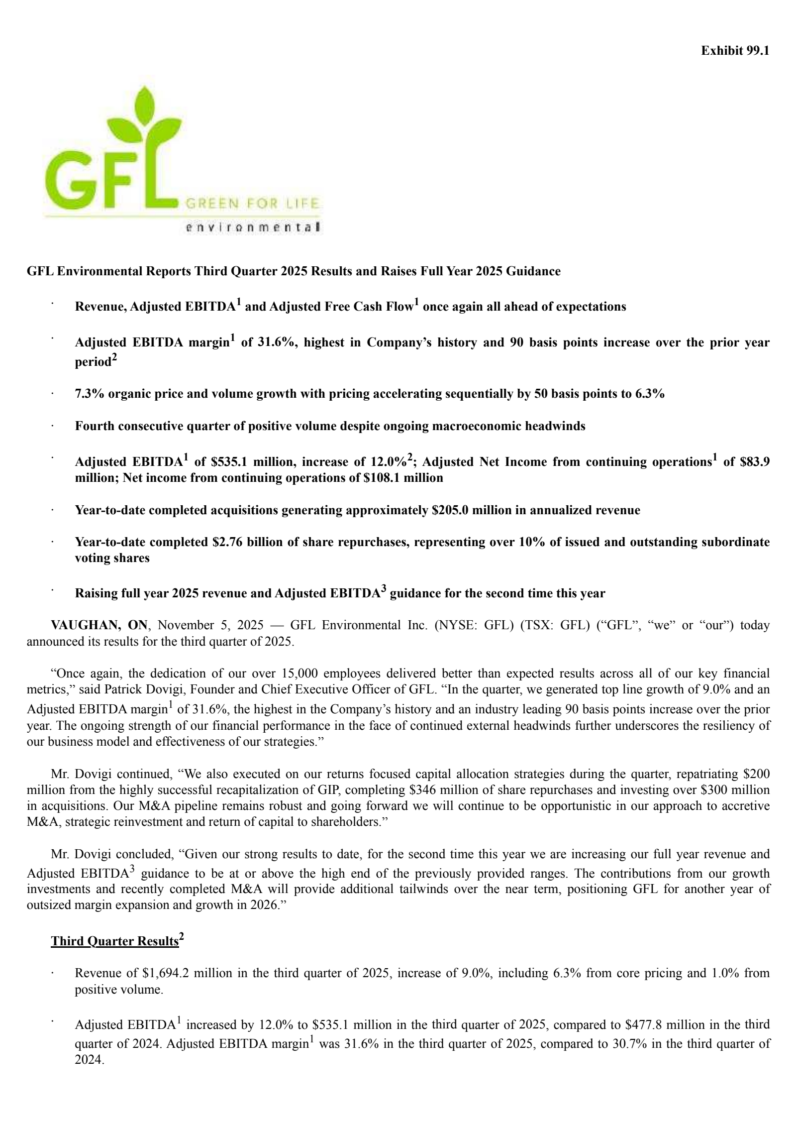 GFL Environmental's Q3 2025 Earnings Release