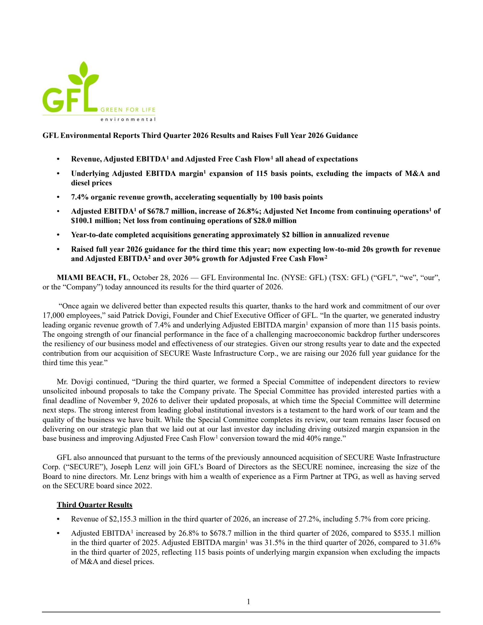 GFL Environmental's Q3 2026 Press Release