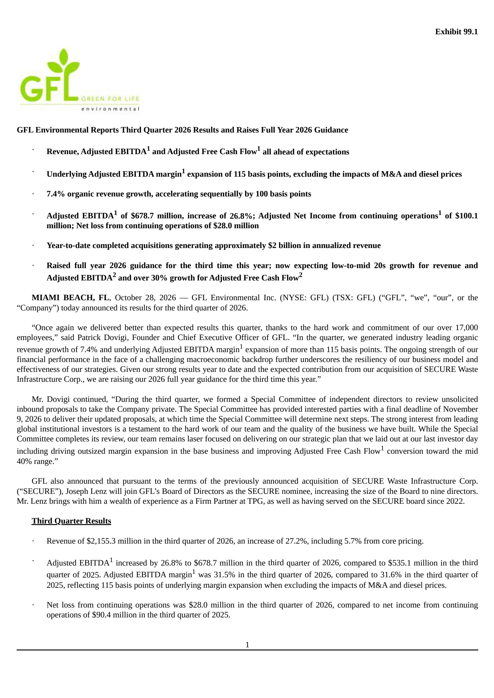 GFL Environmental's Q3 2026 Press Release