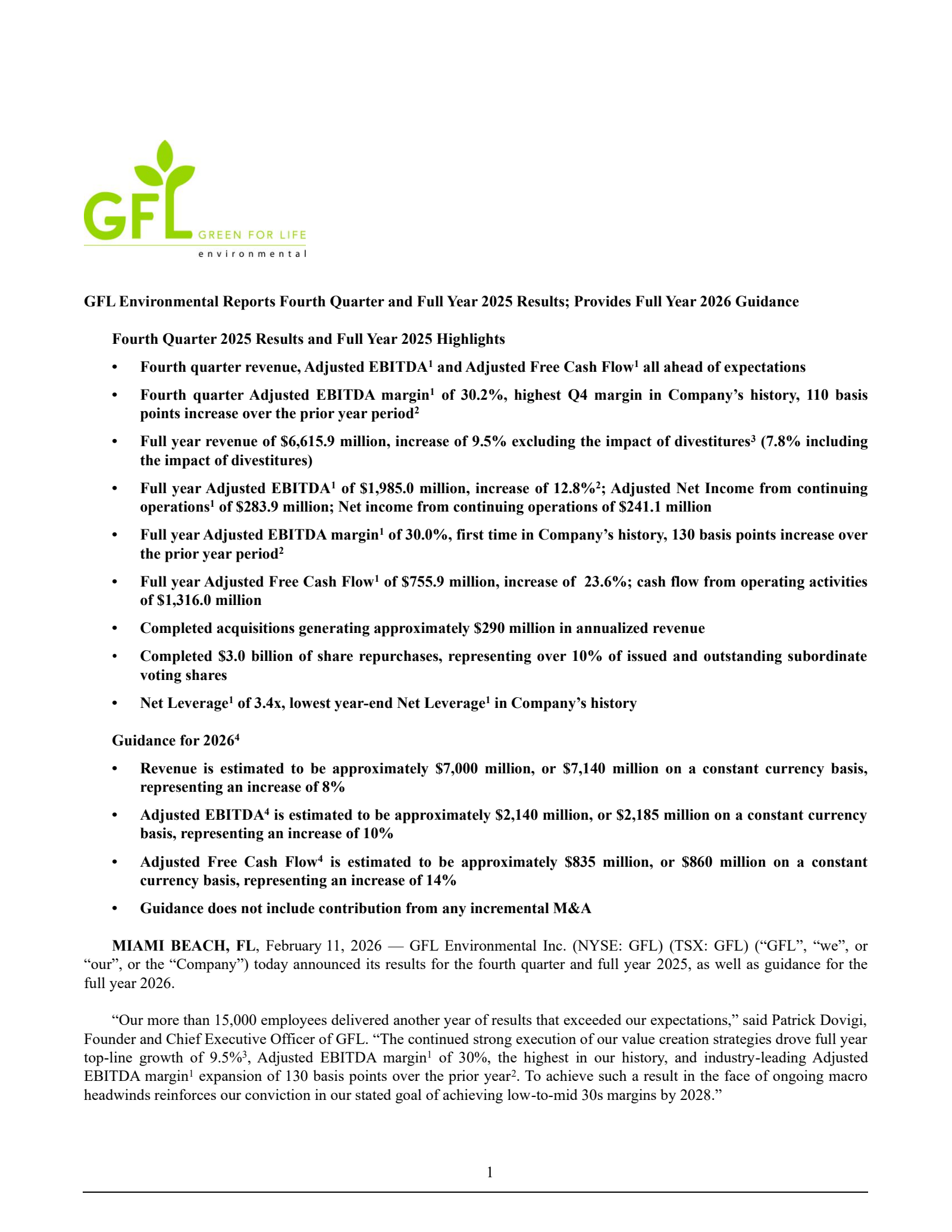 GFL Environmental's Q4 2025 Press Release