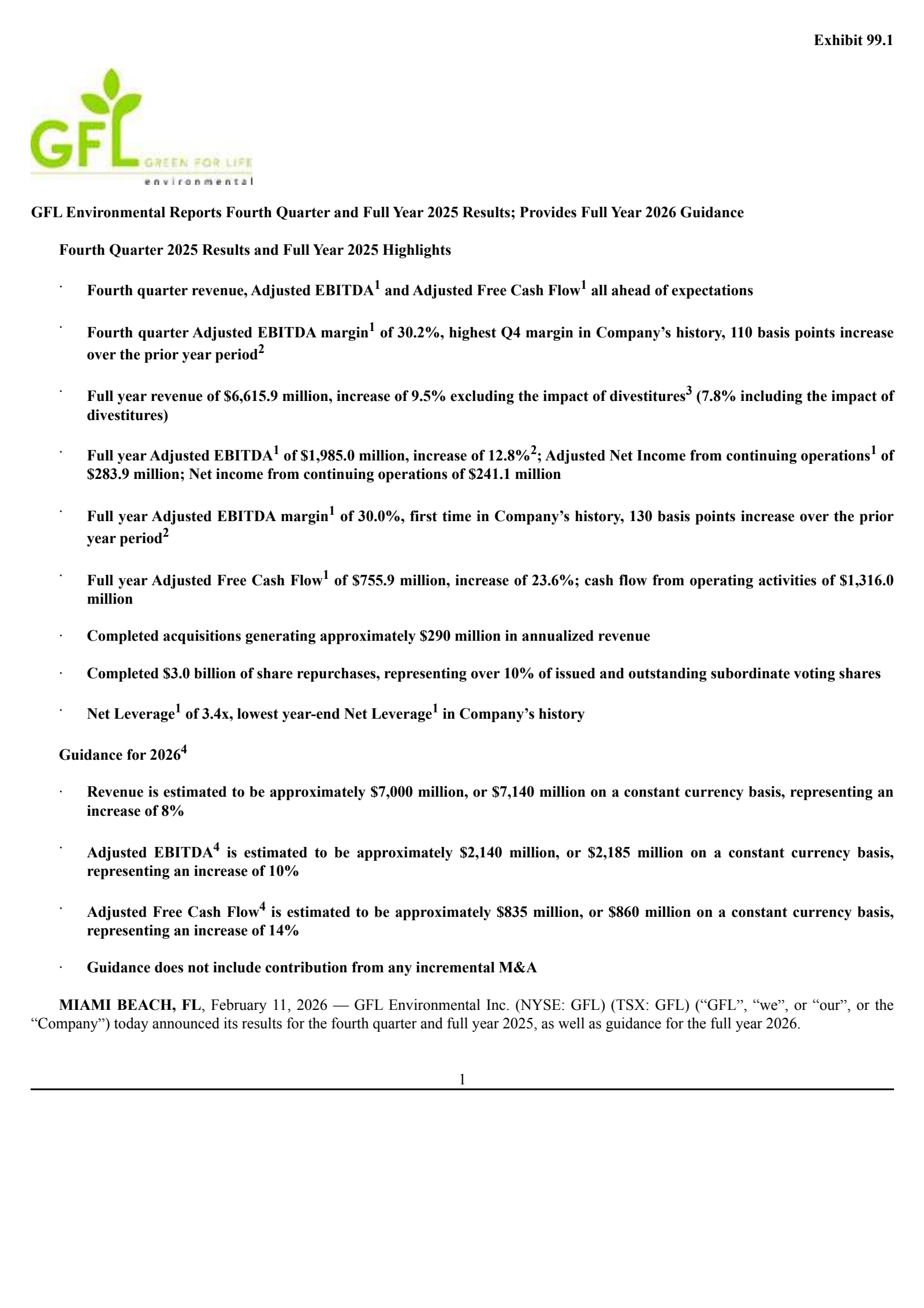 GFL Environmental's Q4 2025 Press Release