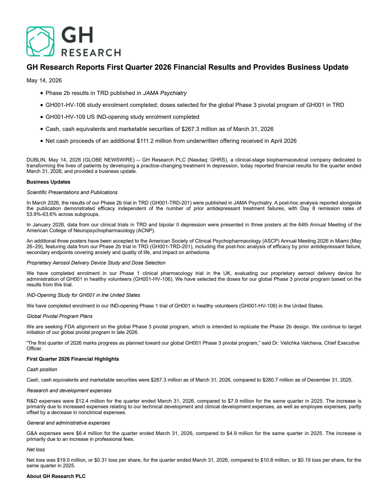 GH Research's Q1 2026 Press Release