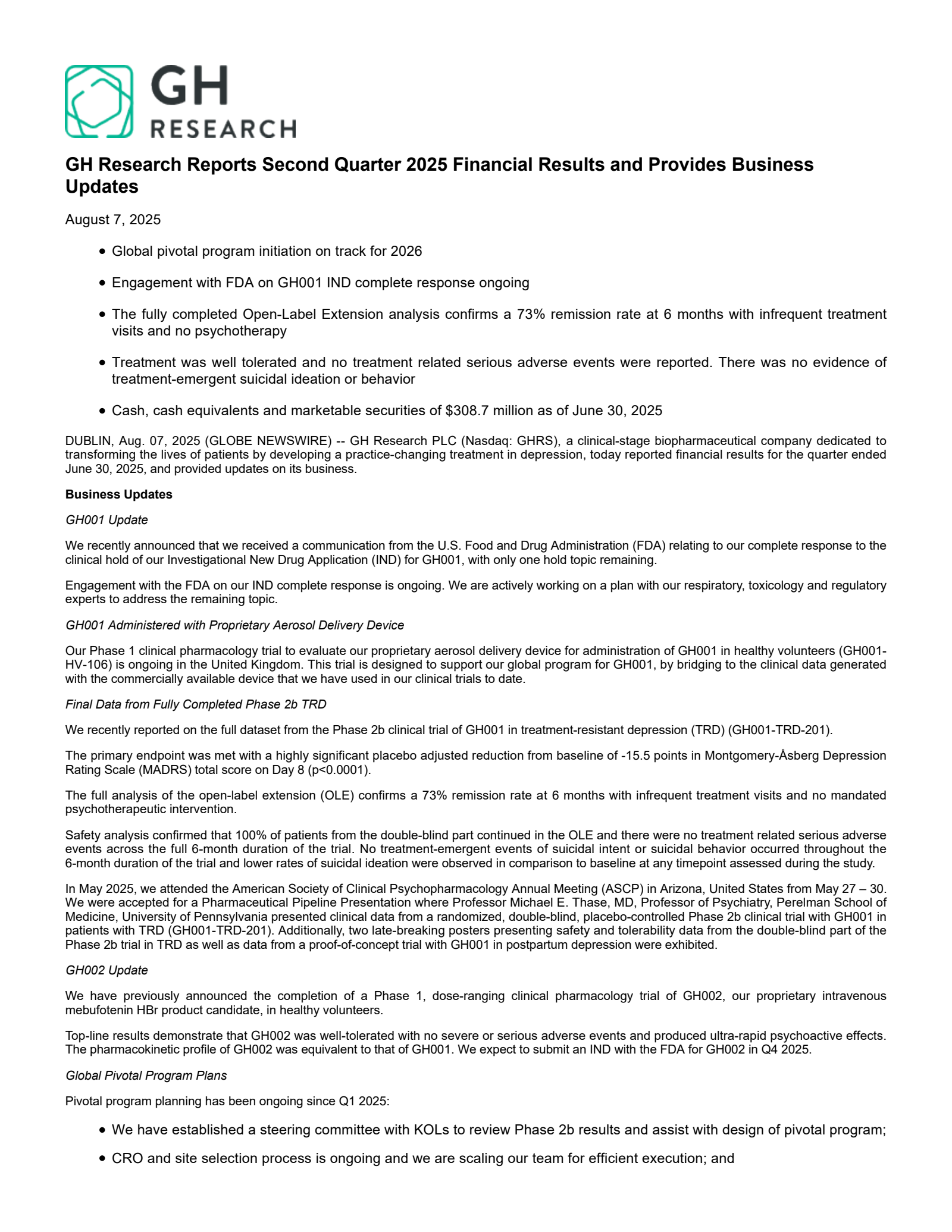 GH Research's Q2 2025 Earnings Release
