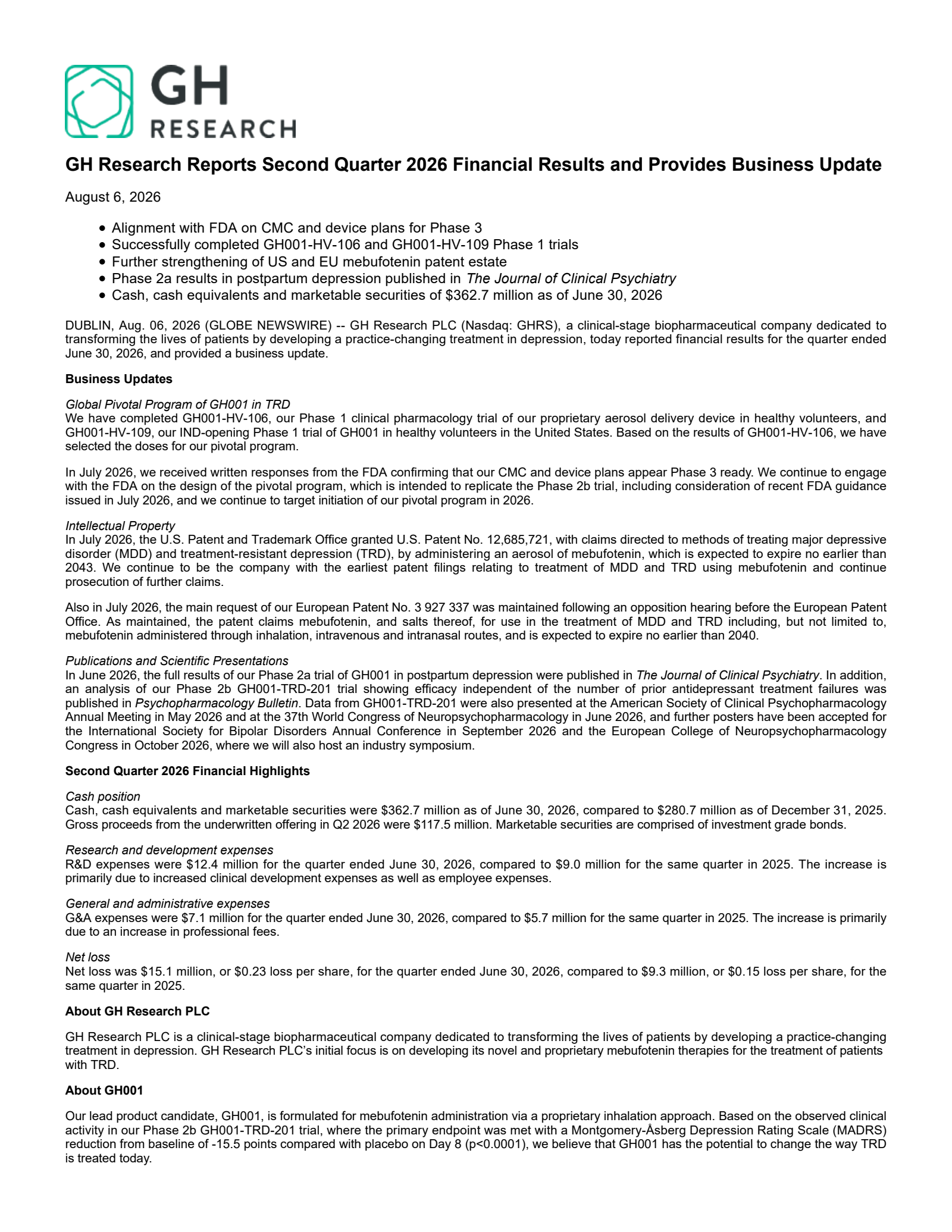 GH Research's Q2 2026 Press Release