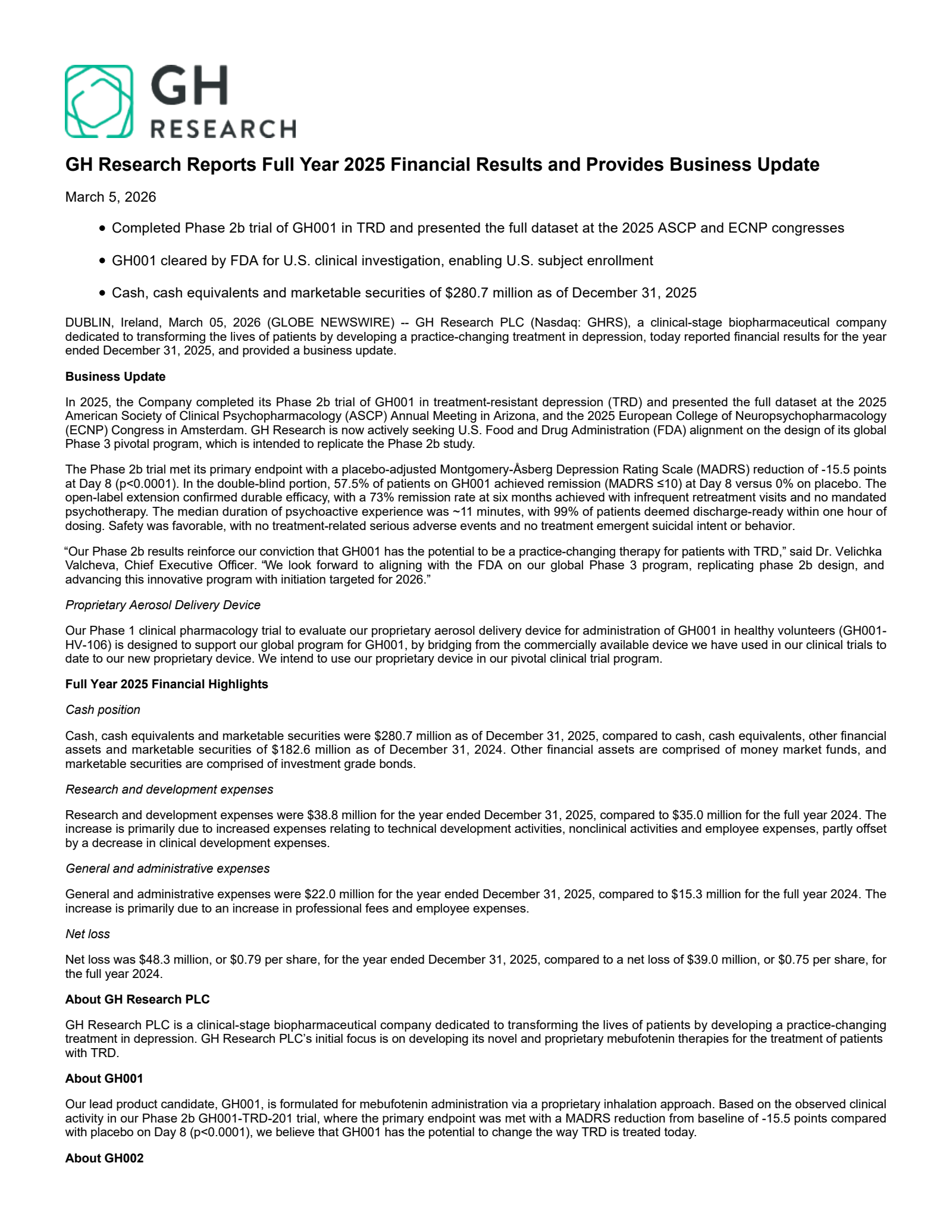 GH Research's Q4 2025 Press Release