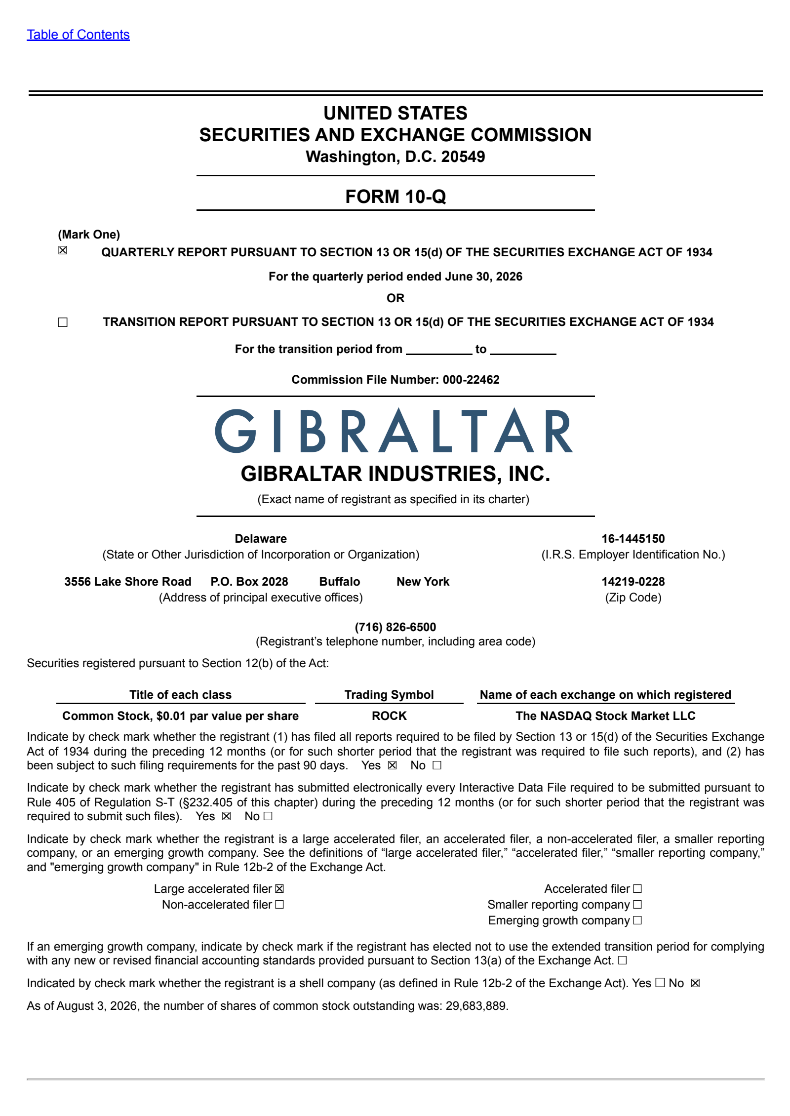 Gibraltar Industries' Q2 2026 Quarterly report
