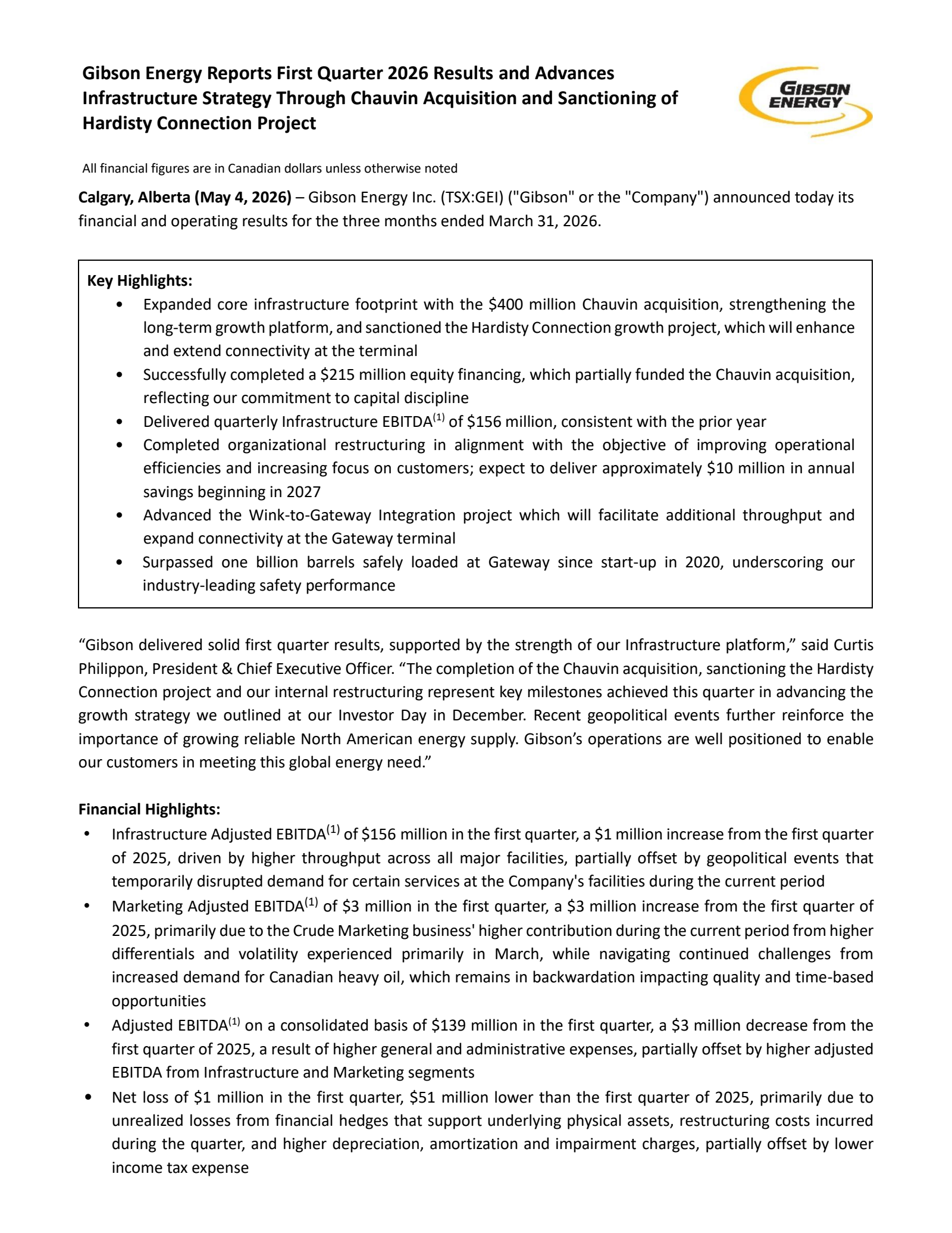 Gibson Energy's Q1 2026 Press Release
