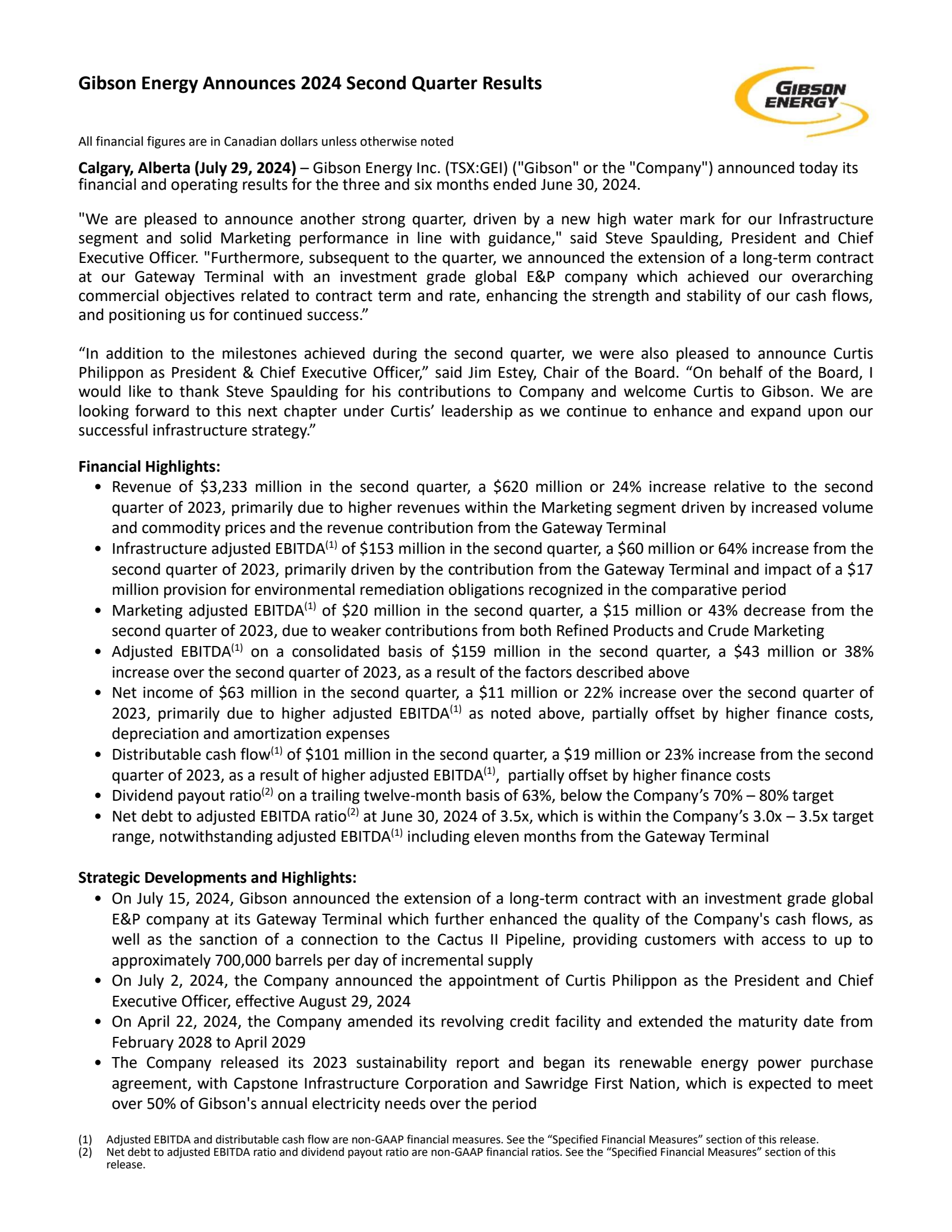 Gibson Energy's Q2 2024 Press Release
