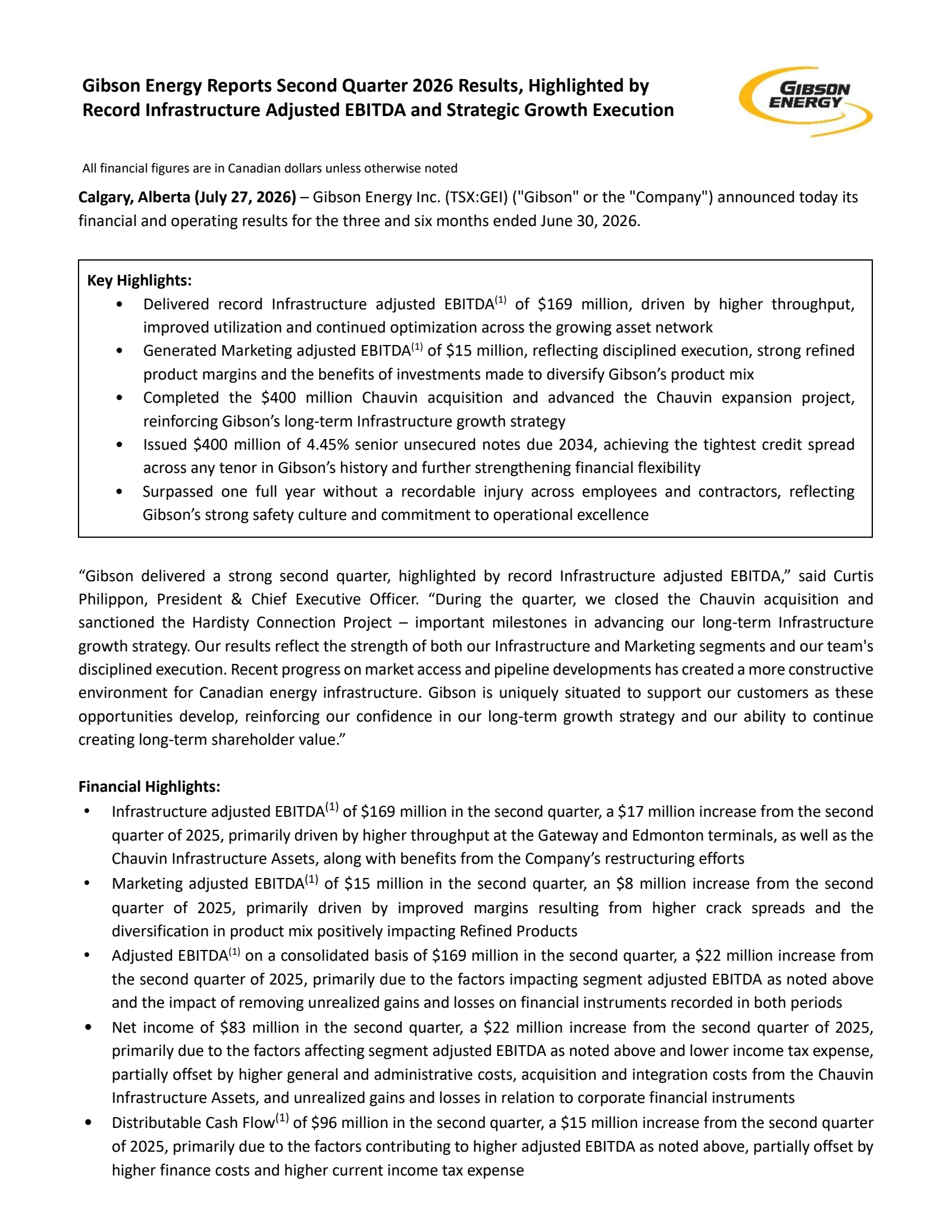 Gibson Energy's Q2 2026 Press Release