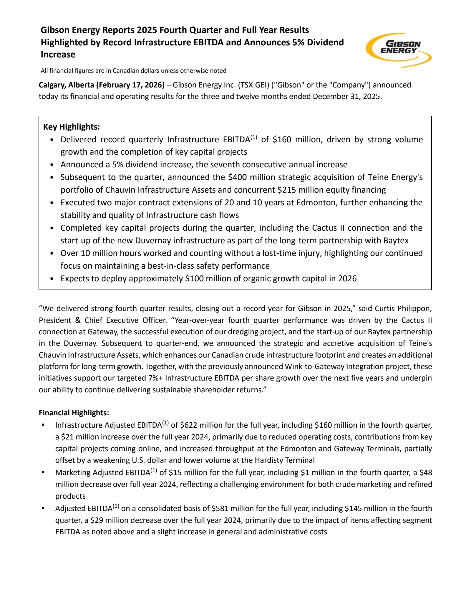 Gibson Energy's Q4 2025 Press Release