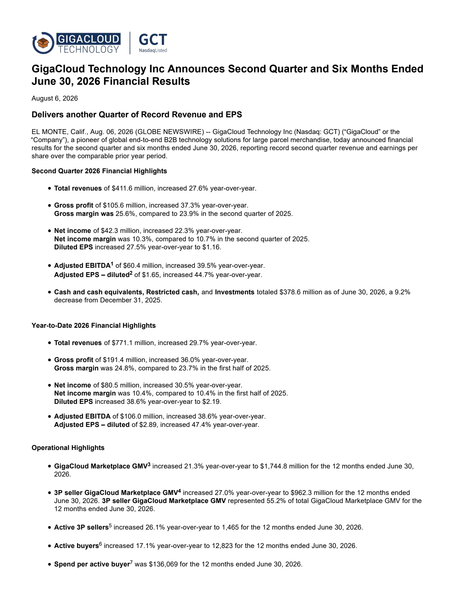 GigaCloud Technology's Q2 2026 Press Release