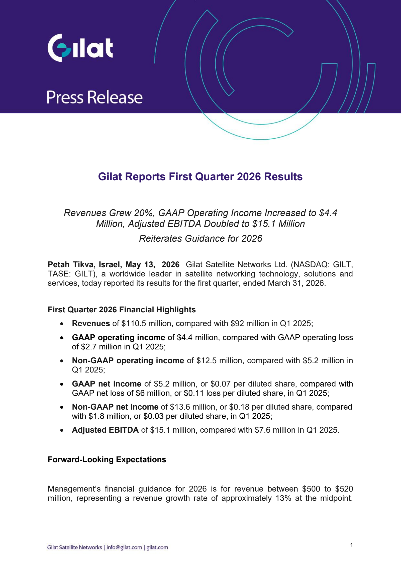 Gilat Satellite Networks' Q1 2026 Press Release