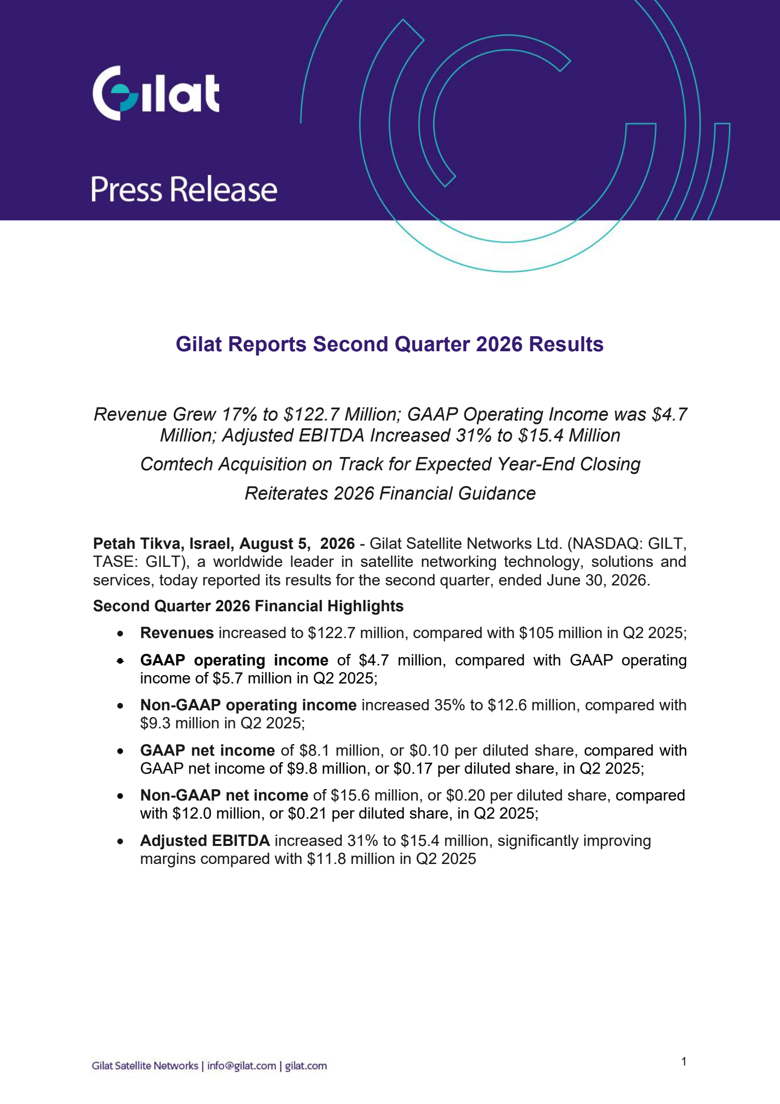 Gilat Satellite Networks' Q2 2026 Press Release