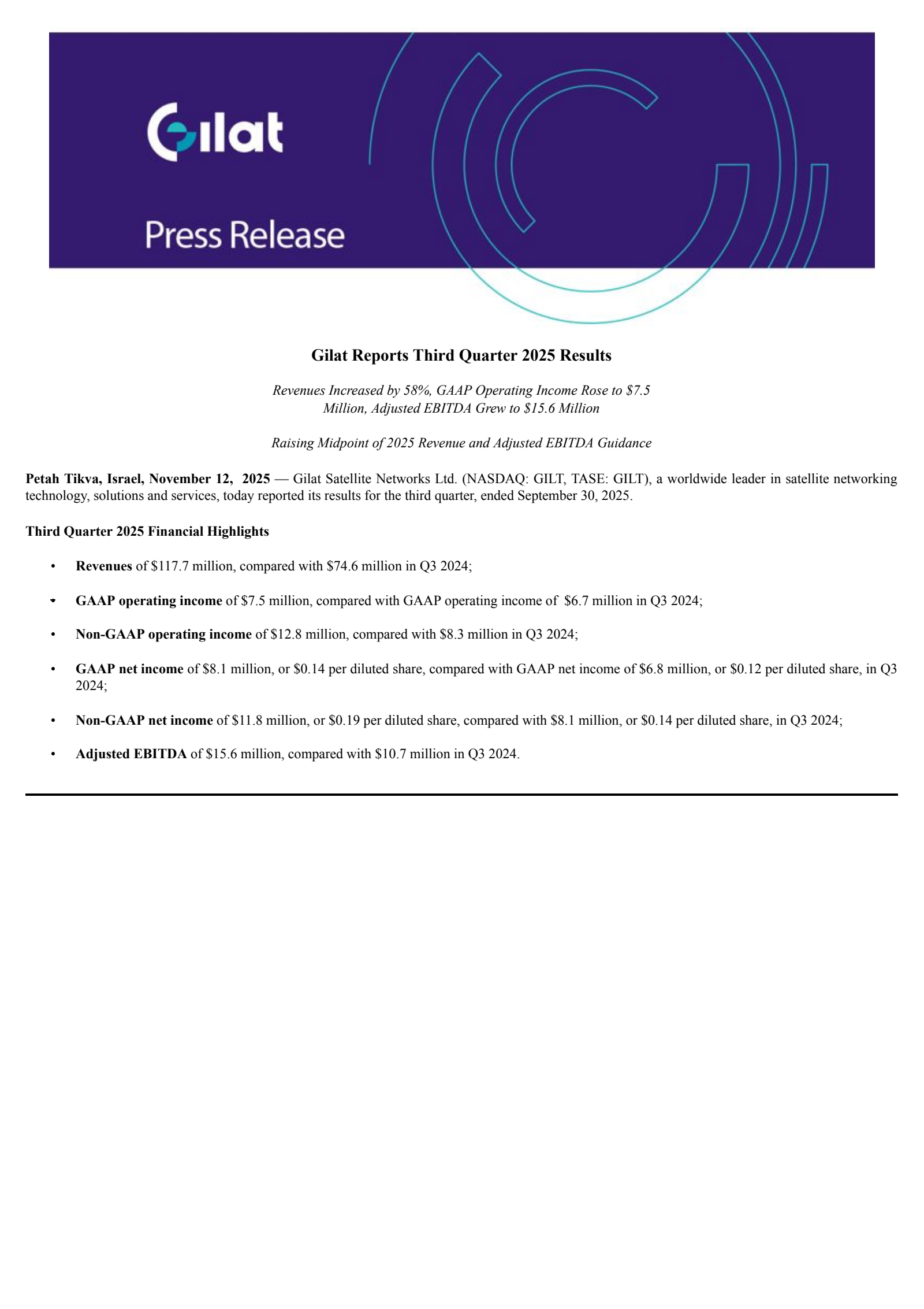 Gilat Satellite Networks' Q3 2025 Earnings Release