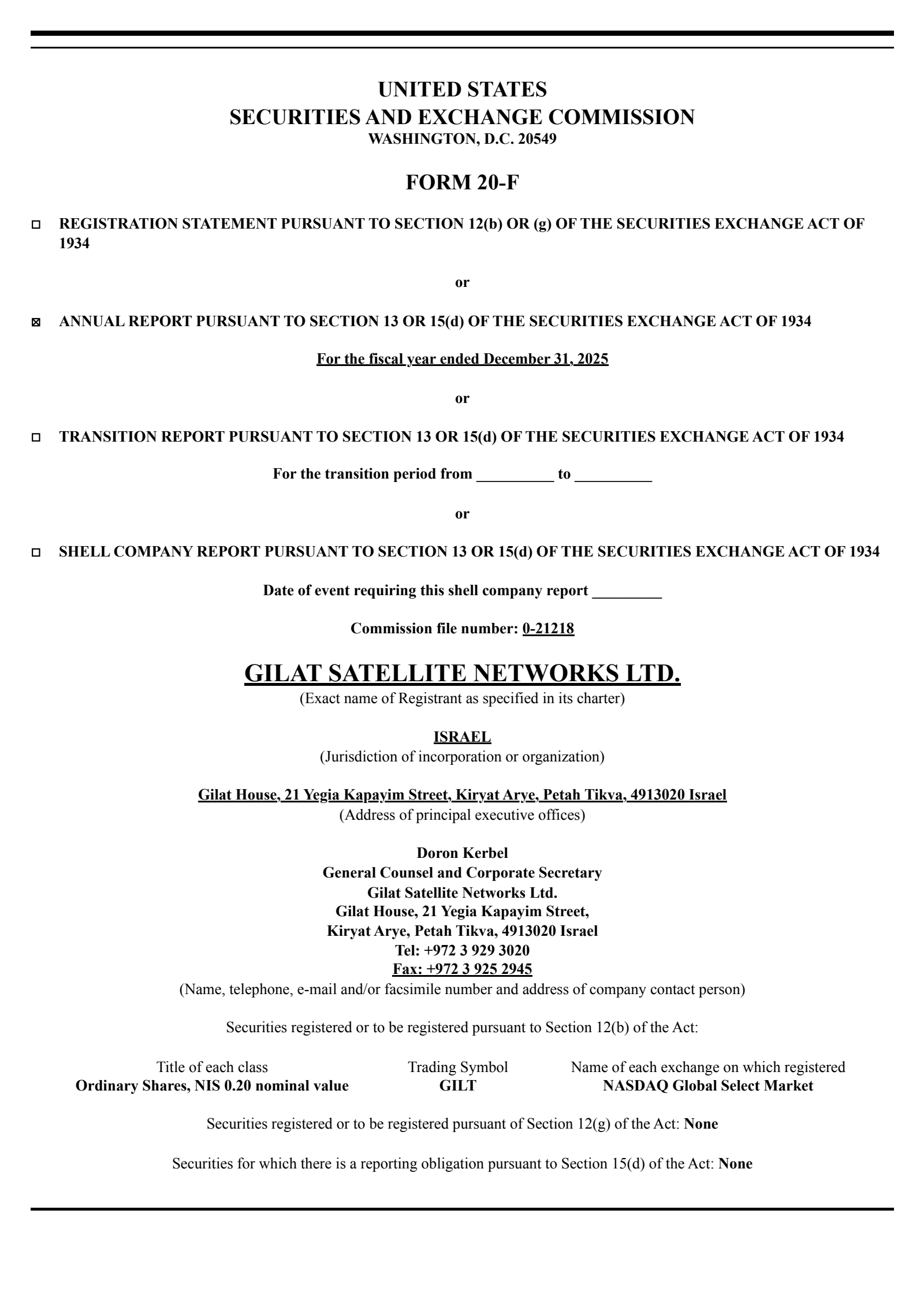 Gilat Satellite Networks' Q4 2025 Annual report