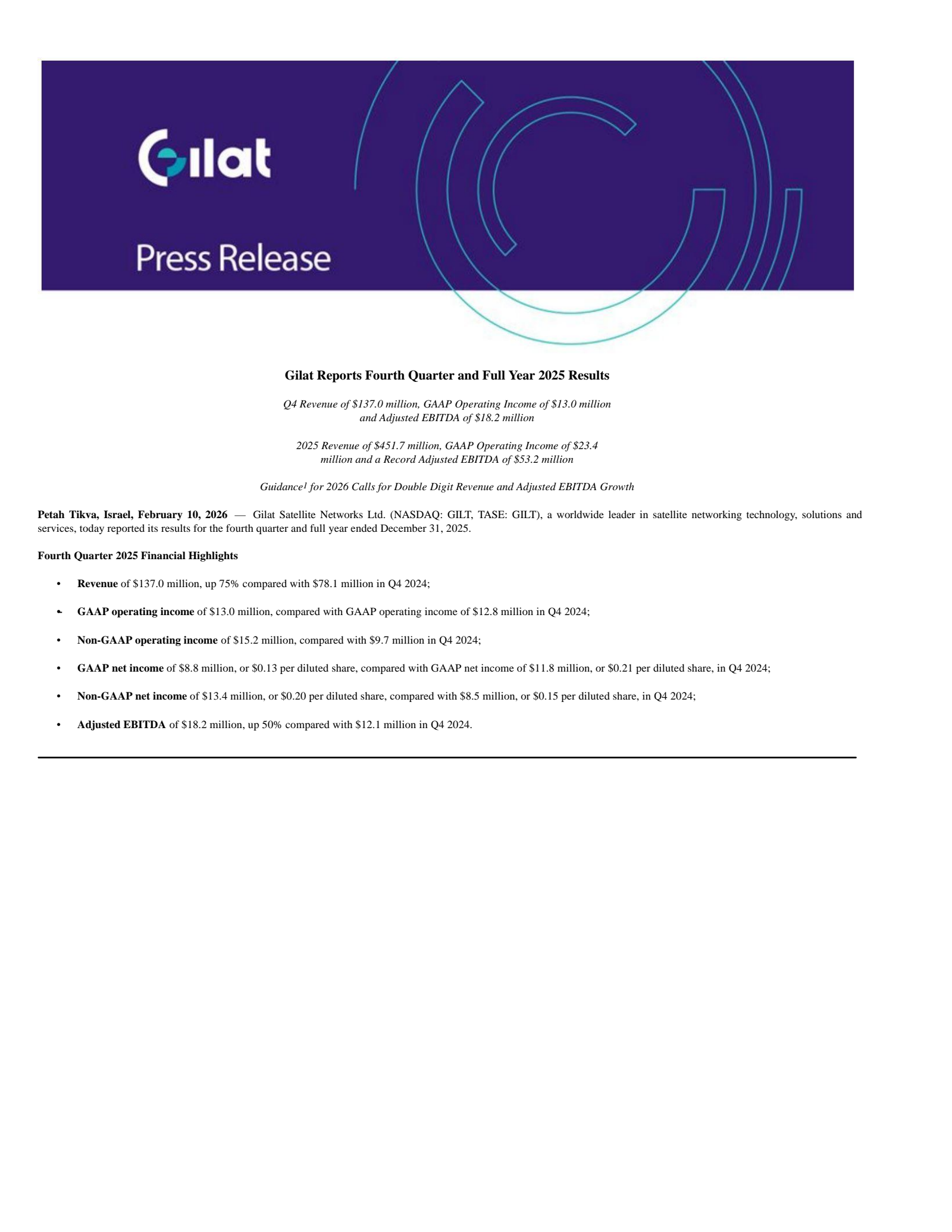 Gilat Satellite Networks' Q4 2025 Press Release