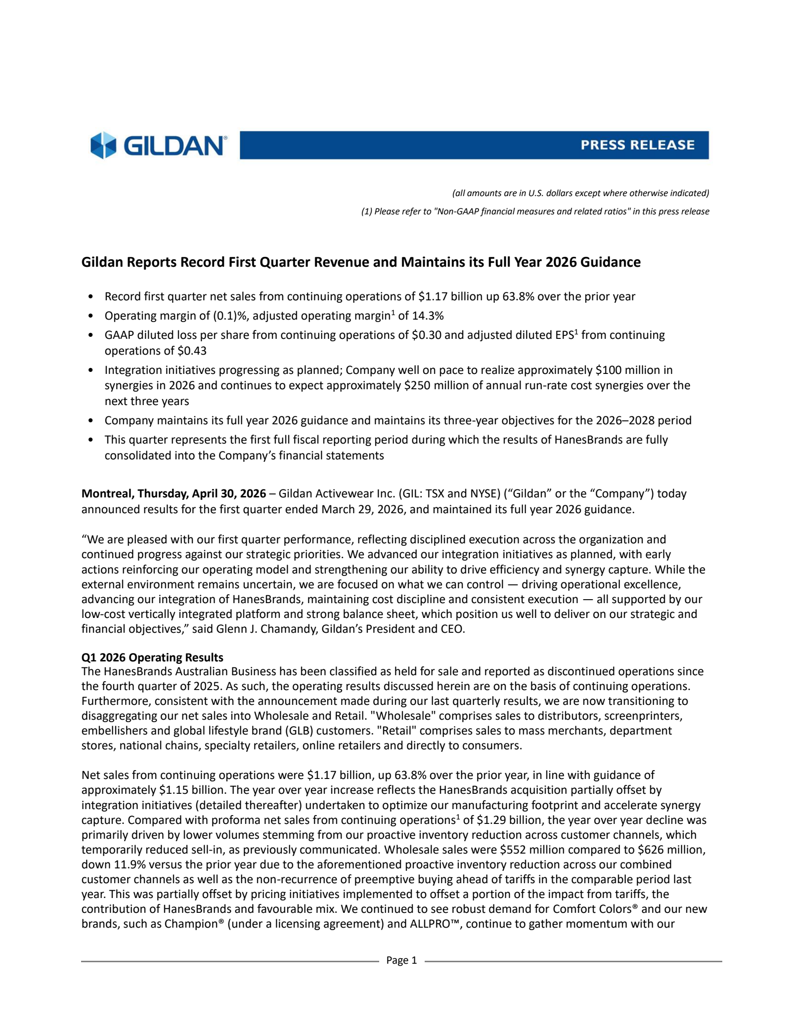 Gildan Activewear's Q1 2026 Press Release