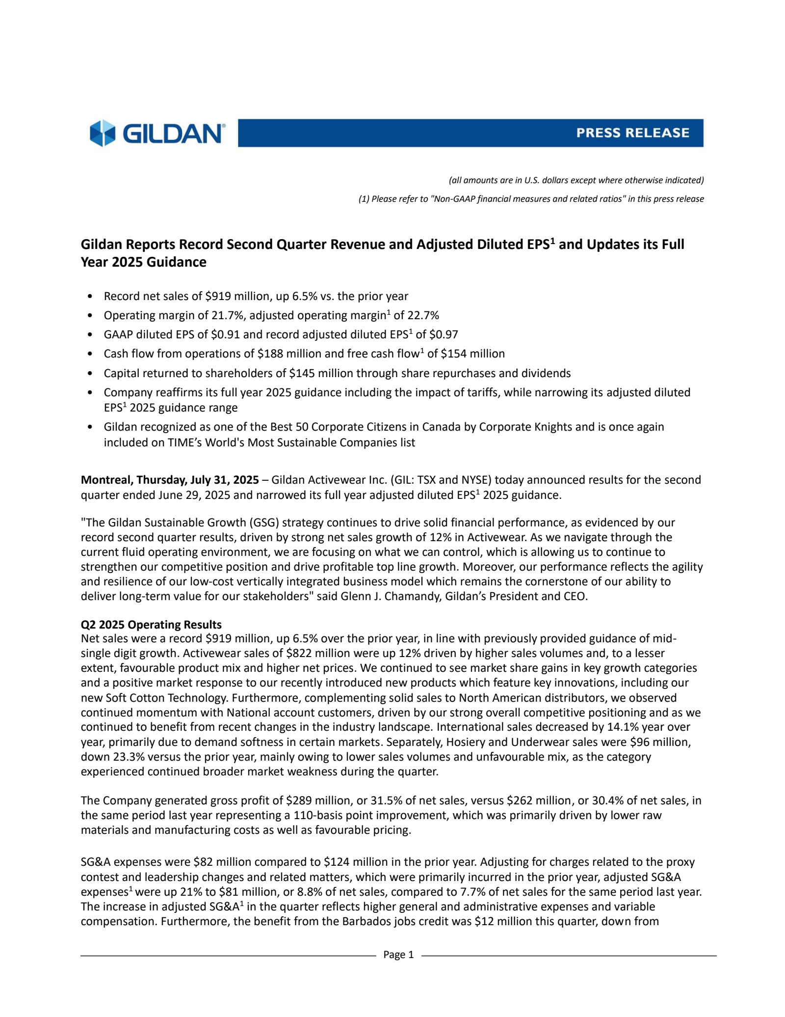 Gildan Activewear's Q2 2025 Press Release