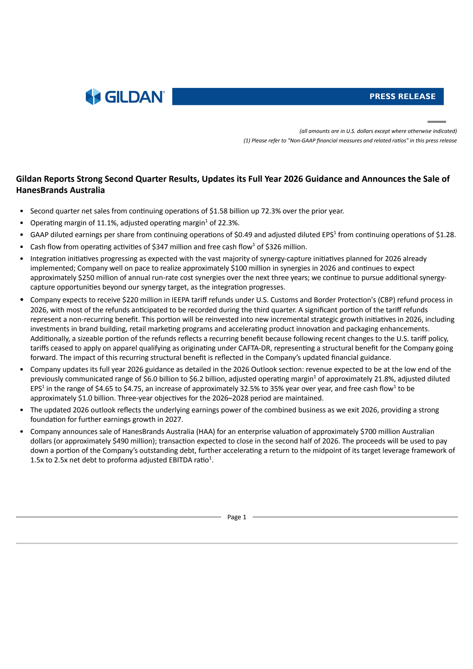 Gildan Activewear's Q2 2026 Press Release