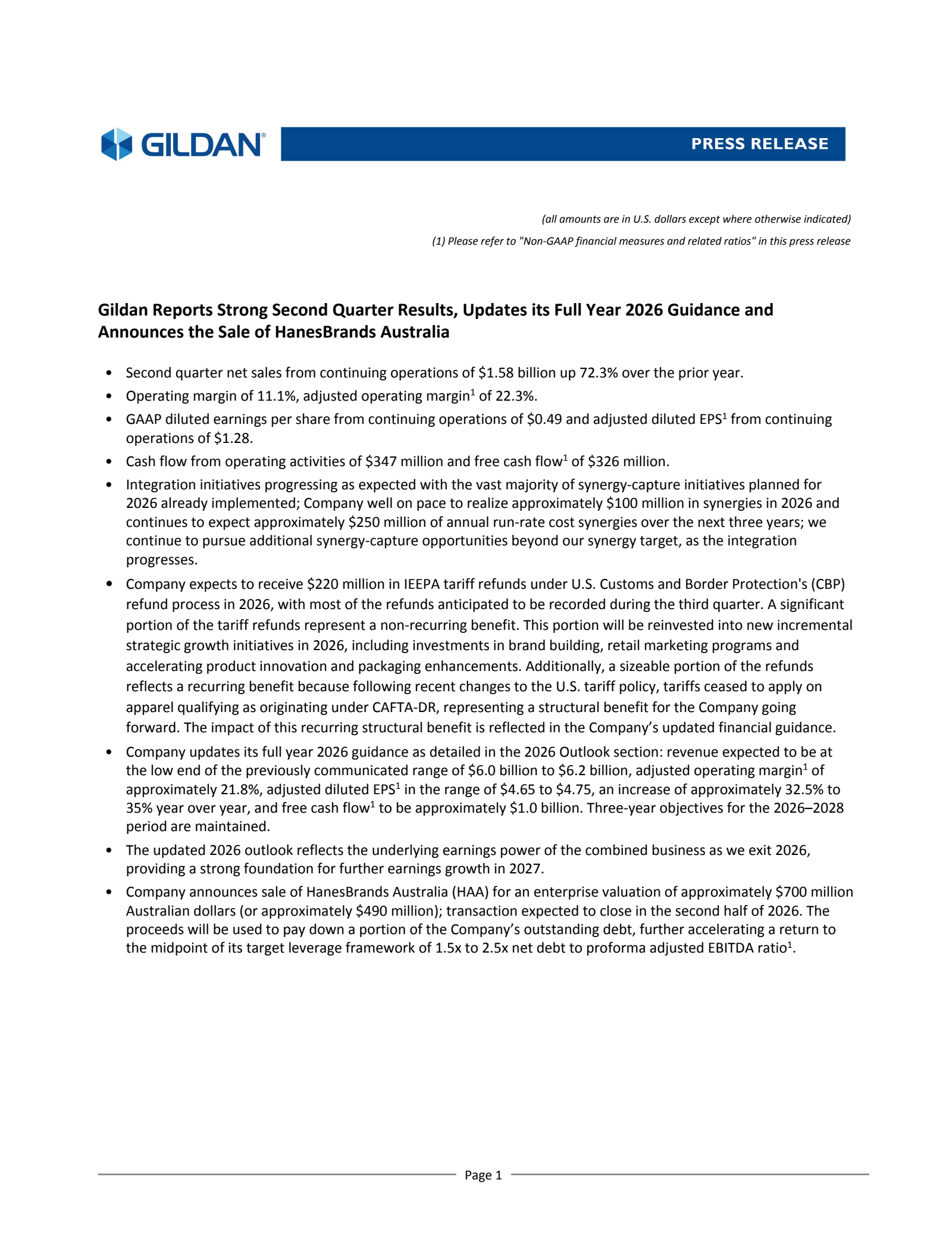 Gildan Activewear's Q2 2026 Press Release