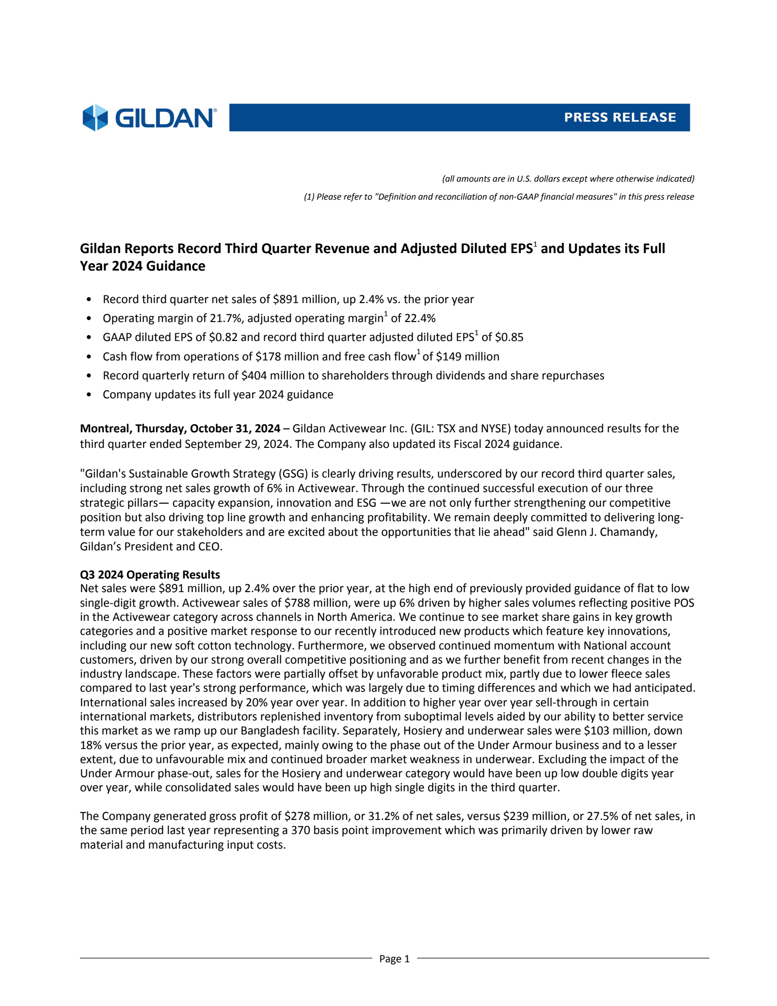 Gildan Activewear's Q3 2024 Press Release