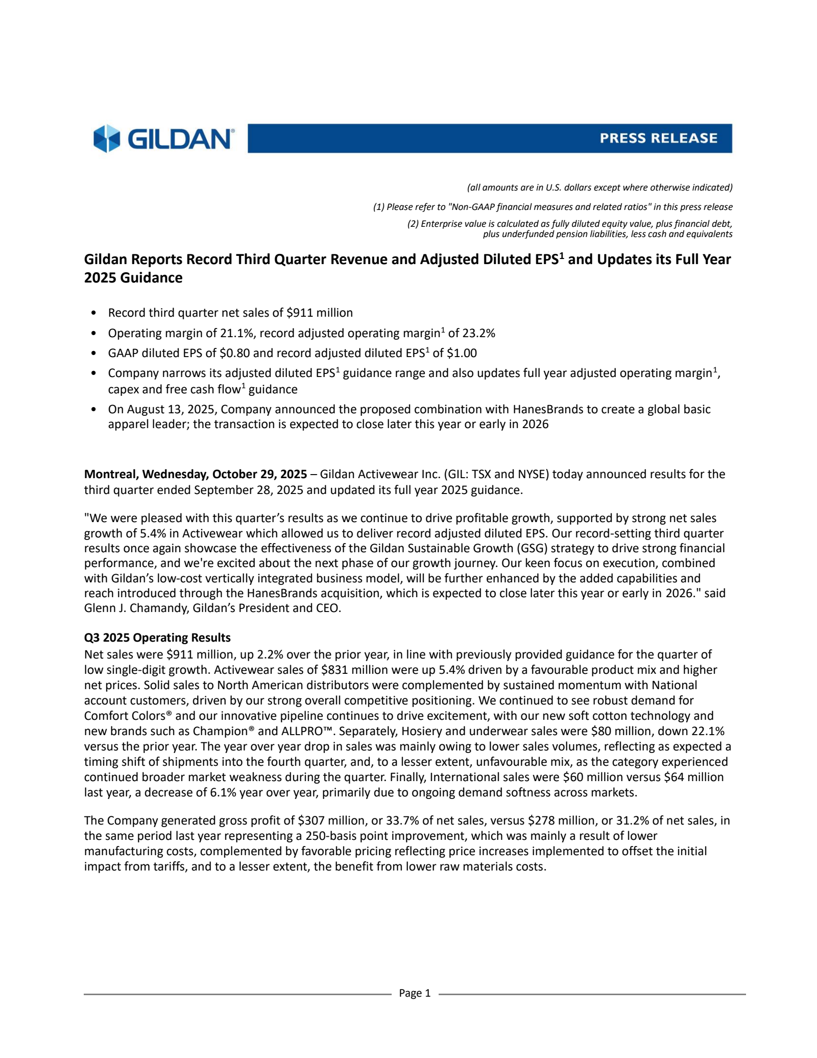 Gildan Activewear's Q3 2025 Earnings Release
