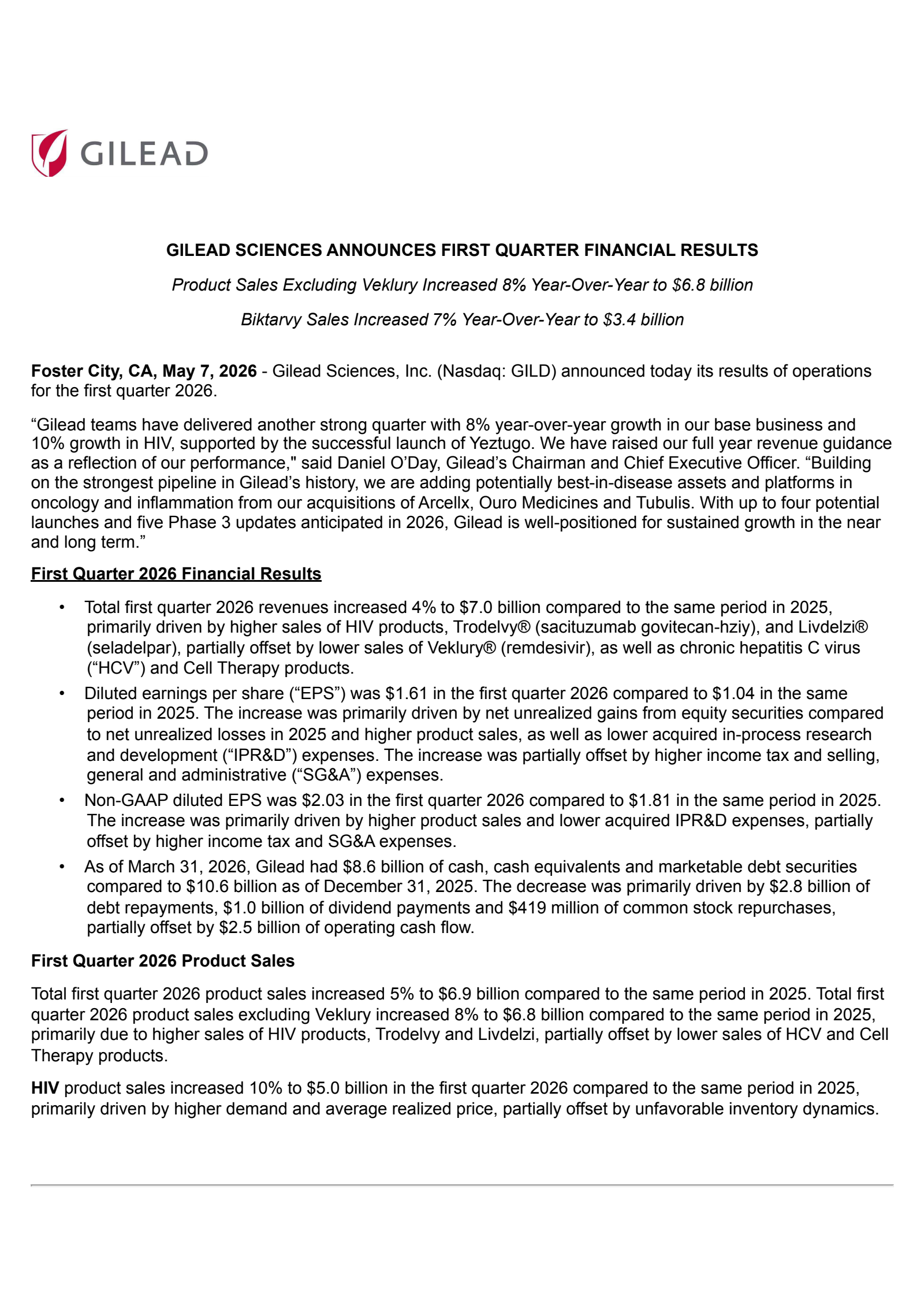 Gilead Sciences' Q1 2026 Press Release