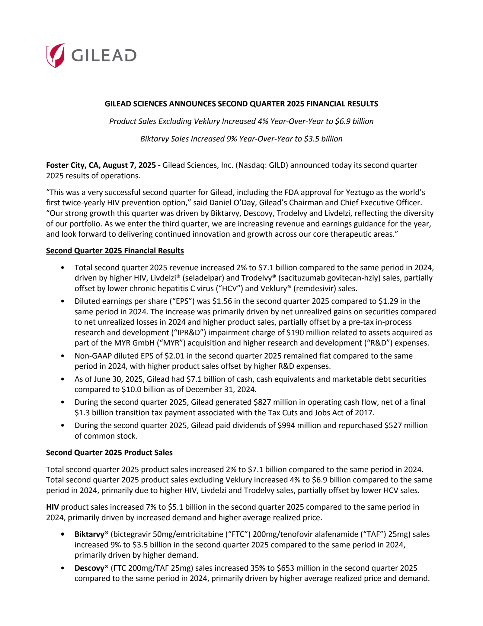 Gilead Sciences' Q2 2025 Press Release