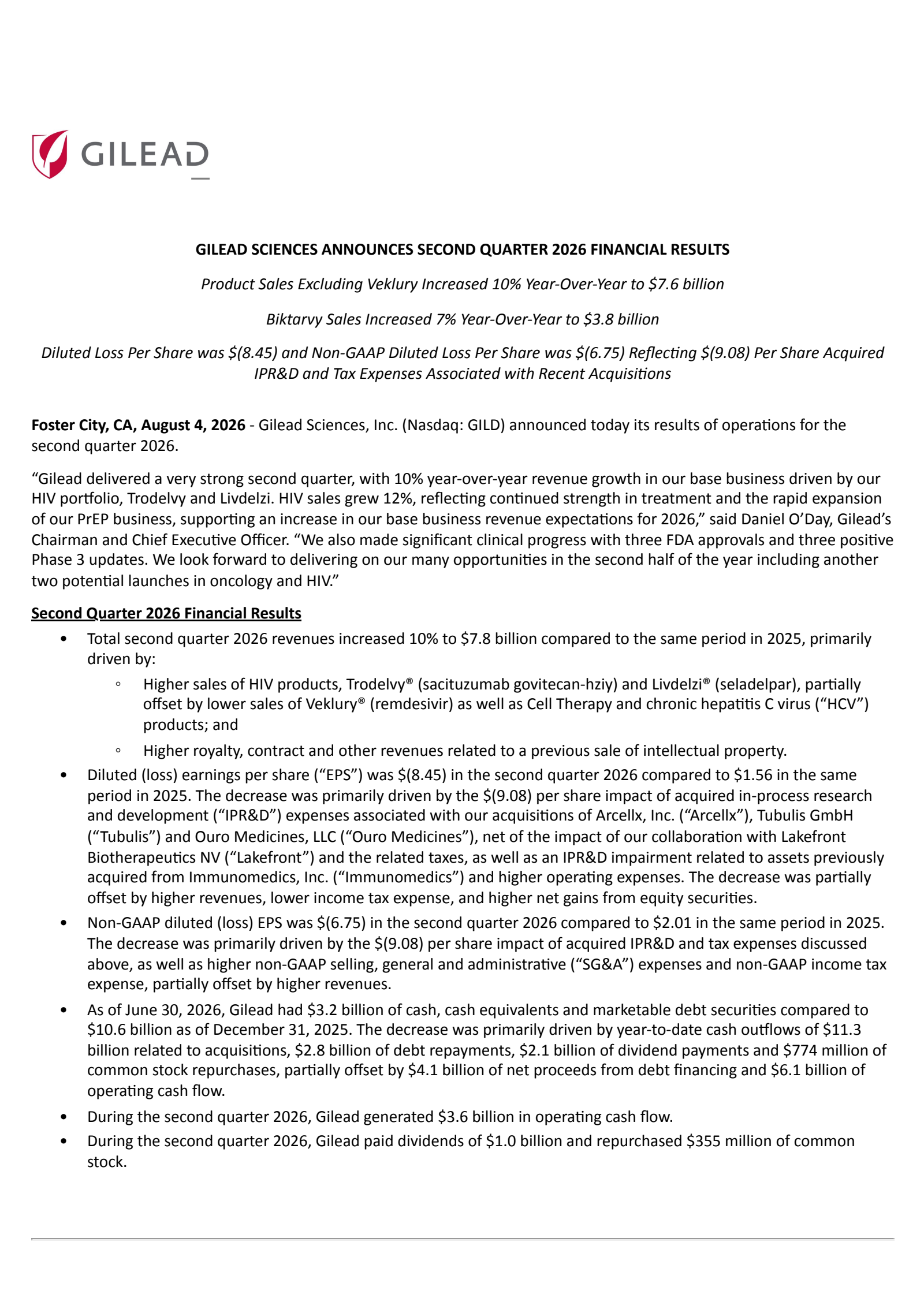 Gilead Sciences' Q2 2026 Press Release